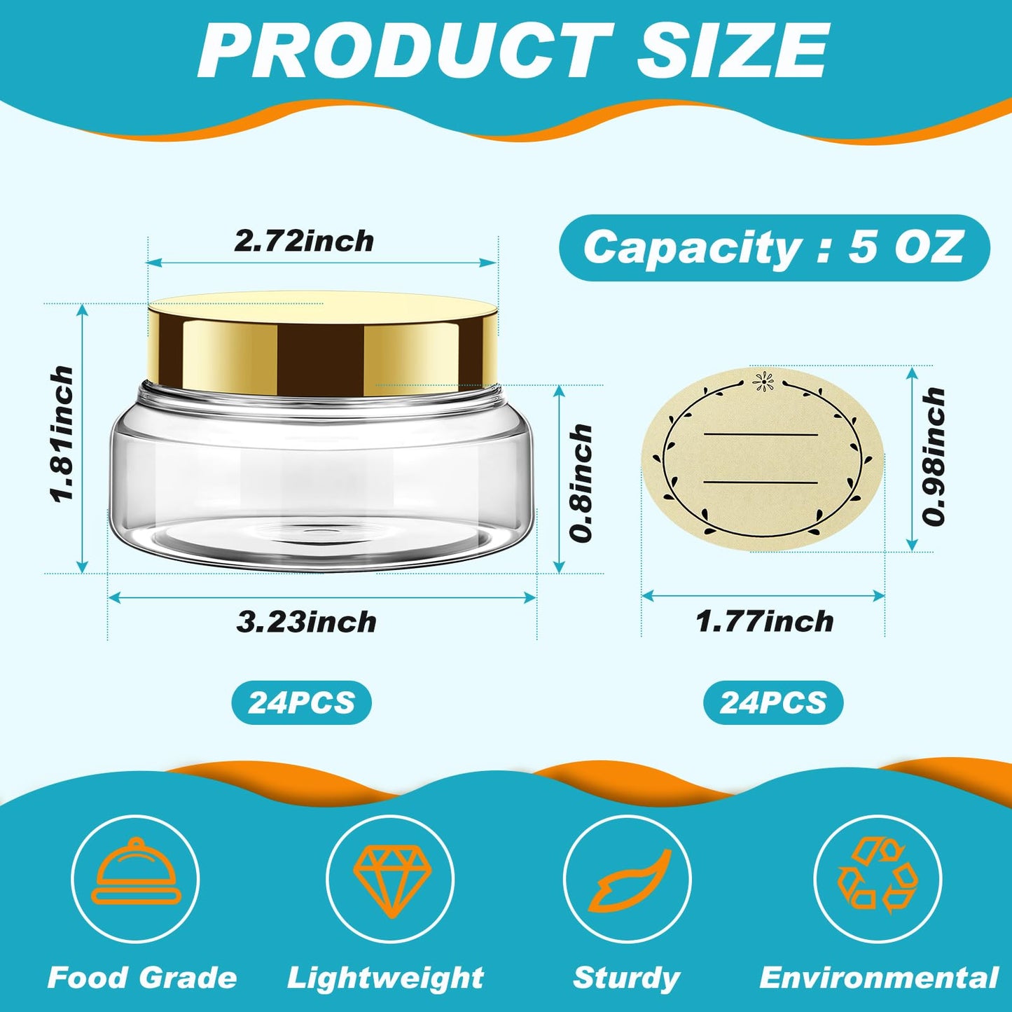 Tessco for you 24 Pack Plastic Jars with Lids Labels Multiuse Slime Containers Empty Body Scrub Jars Round Refillable Cosmetic Body Butter Container for Makeup (5 oz,Gold)