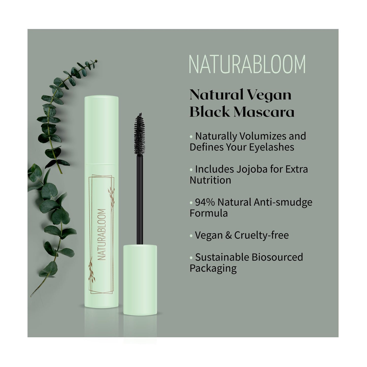NATURABLOOM Natural Vegan Black Mascara With Jojoba - Extra Volume and Length For Stunning Lashes - Hypoallergenic, Smudge-proof & Long-lasting mascara - Organic, Cruelty-Free - Made in Italy 9.5ml