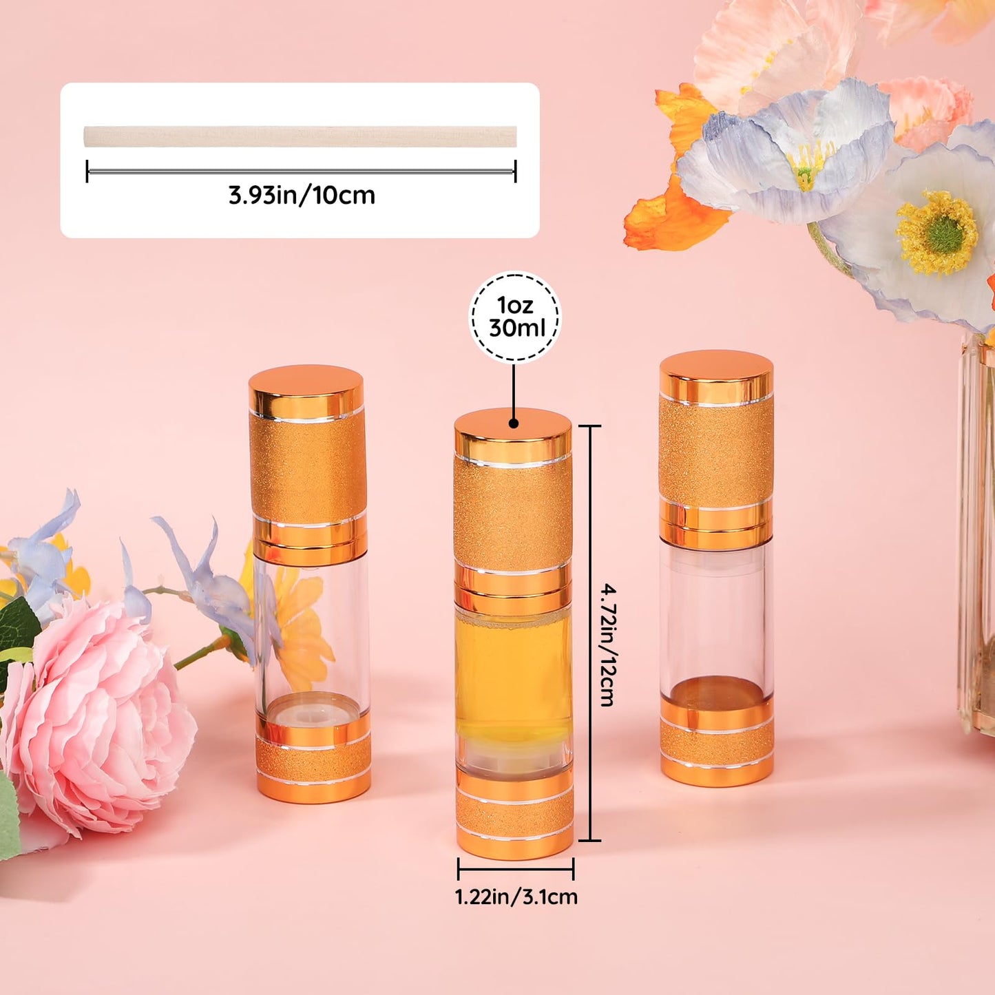 Segbeauty 1oz Airless Travel Lotion Containers for Toiletries Gold, 3pcs Mini Refillable Dispener Bottle with Pump, 30ml Empty Vacuum Cosmetic Skincare Containers for Creams, Small Travel Size Bottles