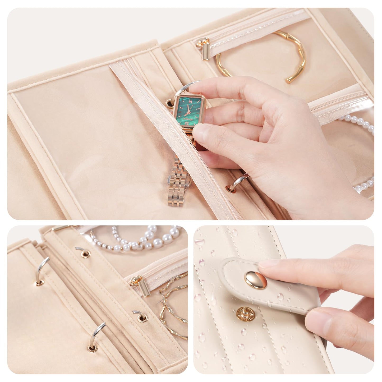 Lolalet Travel Jewelry Organizer Case, Portable Jewelry Storage Book Portfolio Binder with Zipper Velvet Pouch for Women -Beige