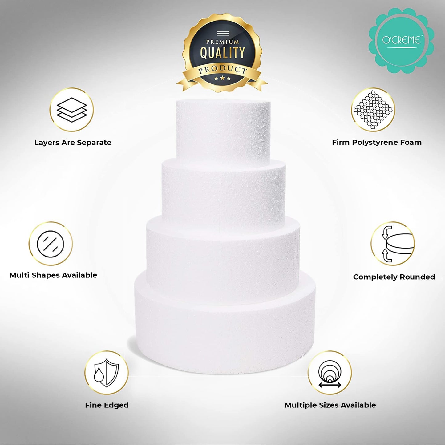 O'CREME Polystyrene Dummy Cake Decorating Display for Baked Goods Bakery Supplies Round Shape (10” Diameter x 4” High)