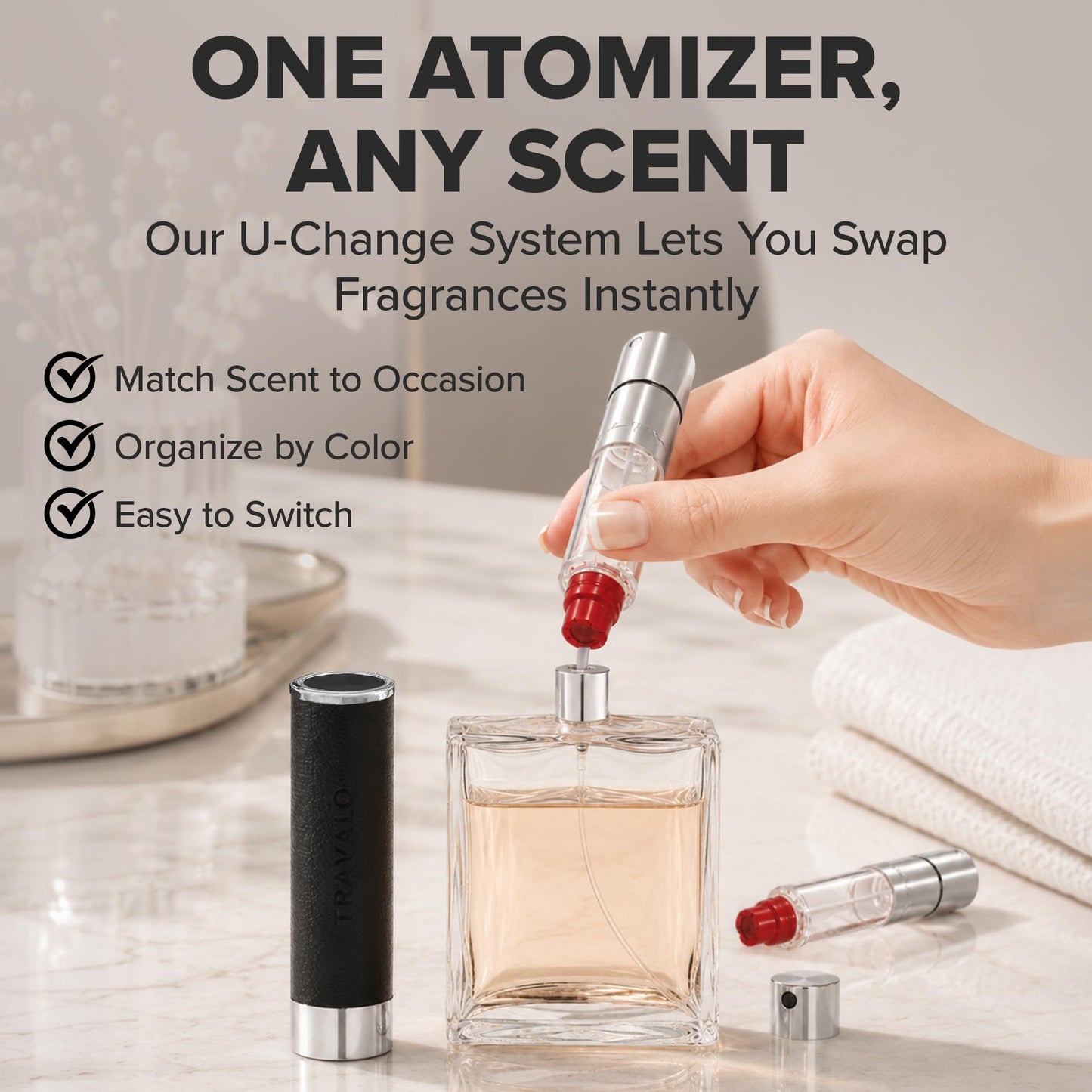 Travalo Walzer Refillable Perfume Atomizer - Pocket-Size, Leak-Proof, Glass-Free Spray Bottle Safe for Air Travel - Mini Perfume Bottle with Black Leather Cover