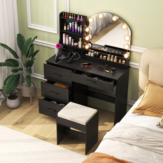 CHARMAID Vanity Desk with Mirror and Lights, Black Makeup Vanity Desk with 4 Drawers, Storage Shelves, Charging Station, 3 Lighting Modes, 40 inch Large Vanity Dressing Table with Stool for Bedroom