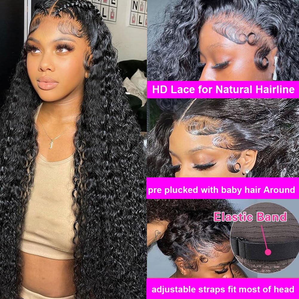 Rozilo 30 Inch Deep Wave Lace Front Wigs Human Hair 200 Density 13x4 HD Lace Frontal Wigs Human Hair Pre Plucked Deep Curly Glueless Wigs Human Hair for Women Natural Black