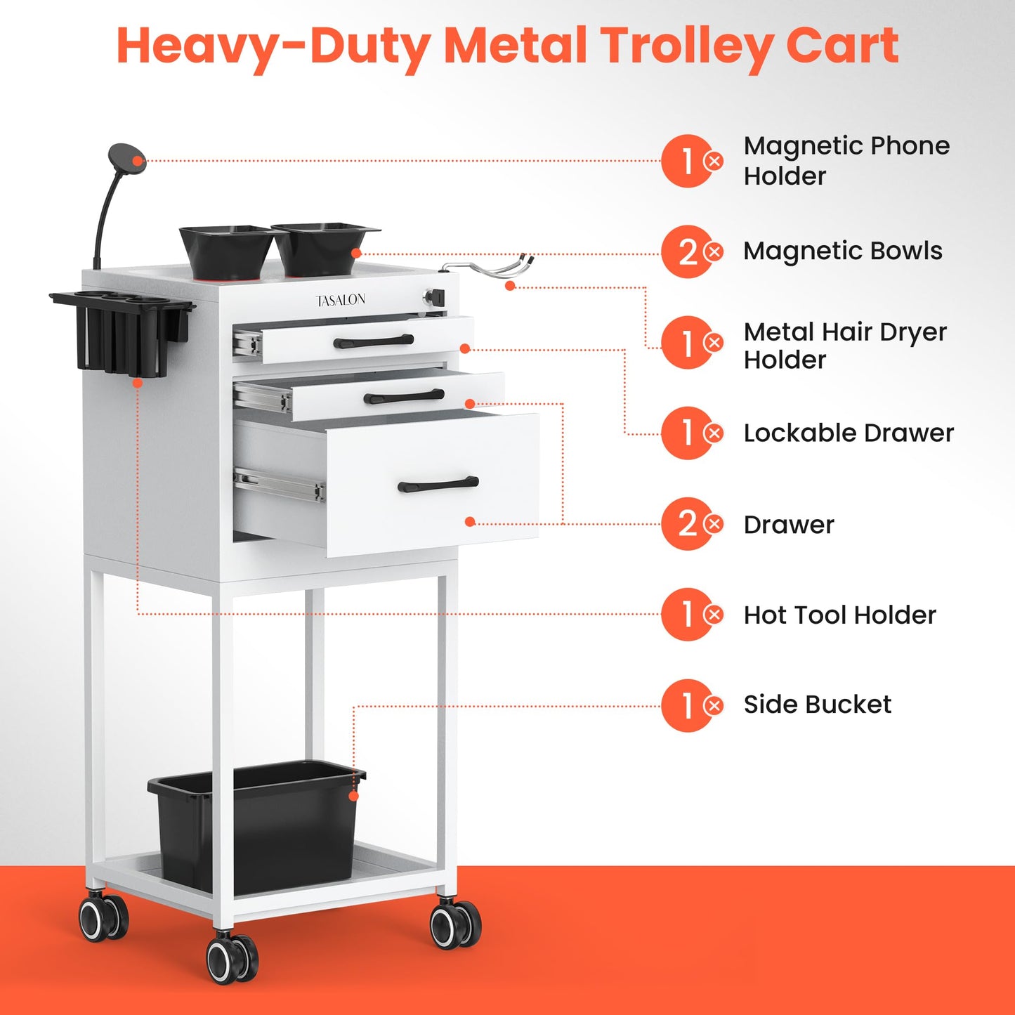 TASALON Salon Trolley Cart with Wheels, Lockable Metal Rolling Cart with Drawers, Magnetic Bowls & Phone Holder, Mobile Storage Organizer for Hair Stylist, Barber & Tattoo Supplies, White