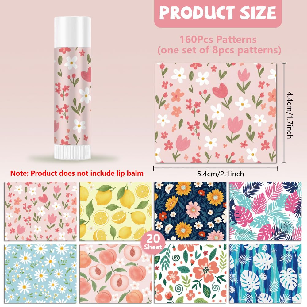 Peacoblue 160Pcs Lip Balm Labels Sticker for Tubes 2.1"x1.7" Solid Floral Fruit Pattern, 8 Styles Waterproof Chapstick Labels Glossy for Homemade Lip Balm Container Wedding Party Holiday Gifts