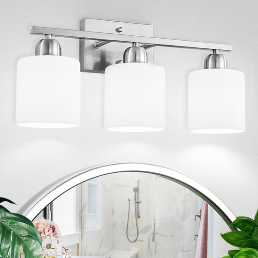 FAISHILAN Brushed Nickel Bathroom Light Fixture, Anti-Rust Finish 3 Light Vanity Lights for Bathroom, Bath Lights with Milky White Frosted Glass Shades, E26 Socket
