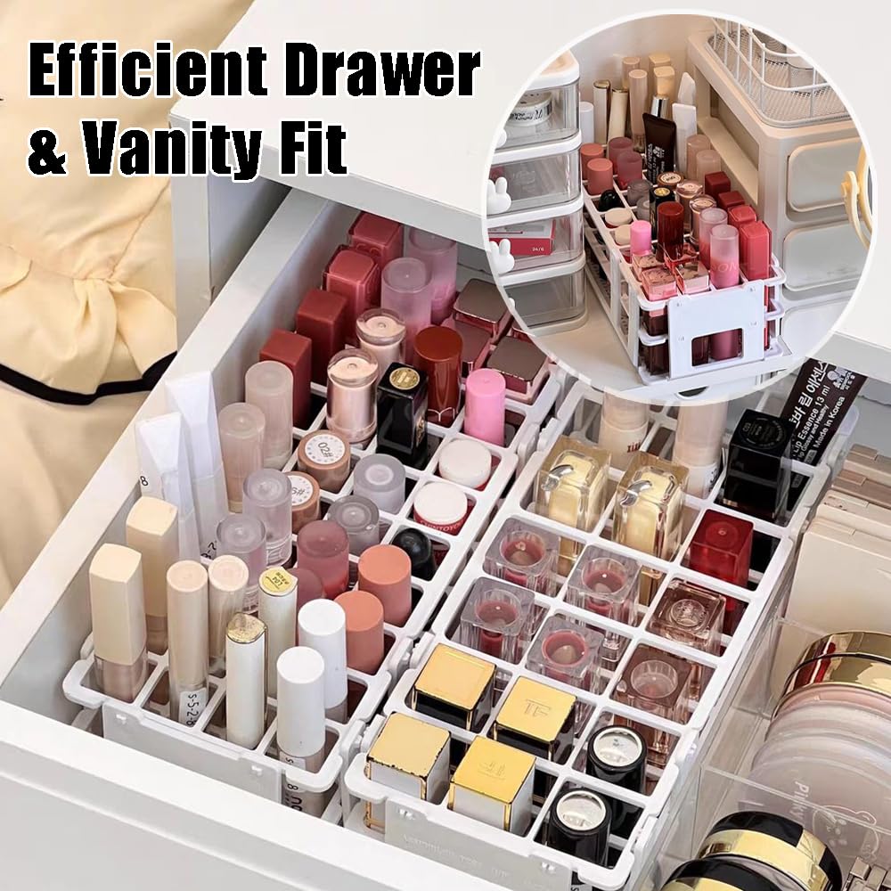 OULIGET Makeup Storage Organizer Rack,Lipstick Lipgloss Display Organizer,Detachable Makeup Brush Air Drying Rack,Perfect Storage Solution for Drawer and Vanity,0.9"+0.66" (24-hole + 60-hole)