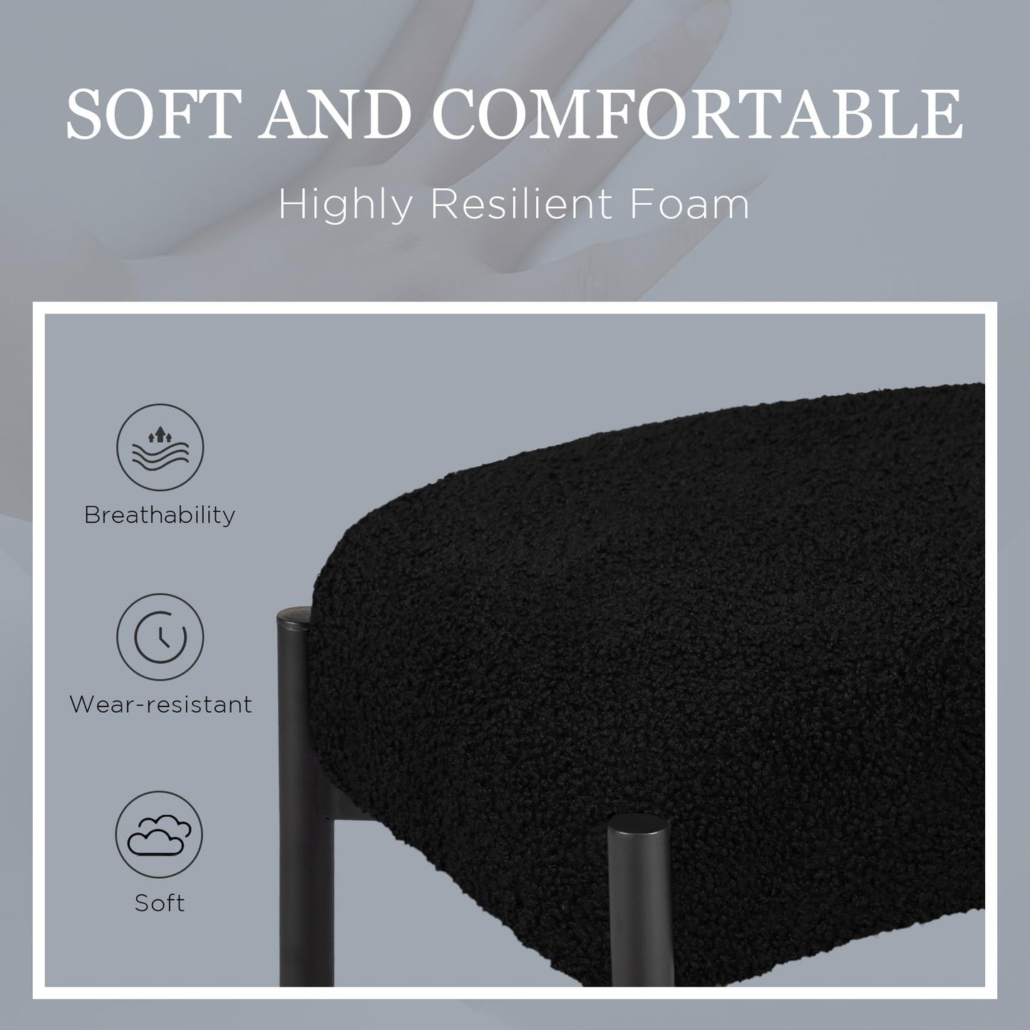 MOOWIND Vanity Stool Chair Faux Fur, 16.3"L x 12.8"W x 17.3"H Soft Ottoman, Makeup Chair Bench Furry Padded Seat with 4 Metal Legs, Footstool Multifunctional Chairs for Bedroom, Living Room, Black