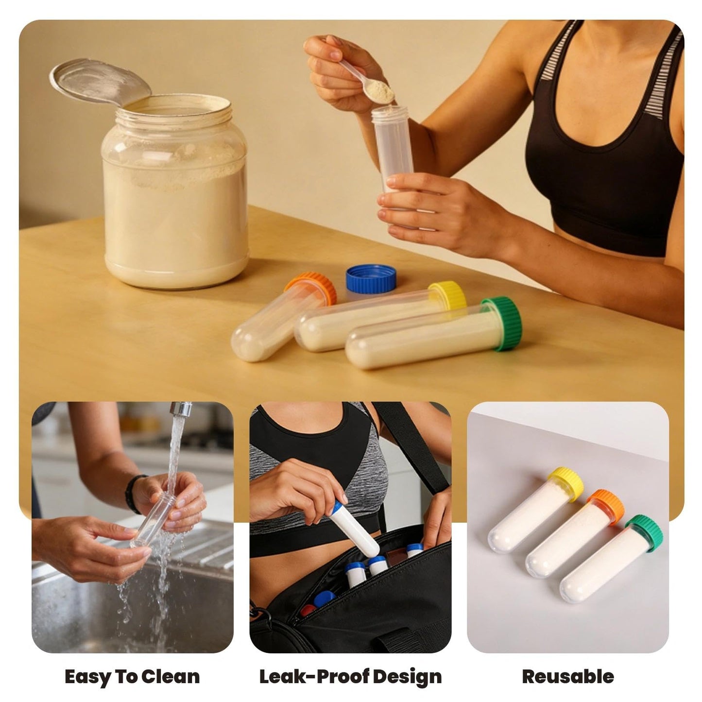 Protein Powder Travel Container Set 12 Pack – 8x50ml & 4x100ml Leak Proof Reusable Supplement Powder Container to Go with Funnel & Labels, Portable Gym Protein Storage for Fitness, Work, Travel