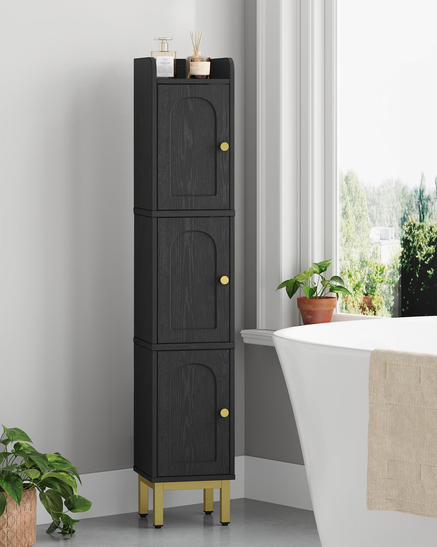 Hzuaneri Slim Bathroom Storage Cabinet, Narrow Bathroom Organizers and Storage with 4 Adjustable Feet, Laundry Room Organization for Small Space, Kitchen, Living Room, 3 Doors Black BC22304G