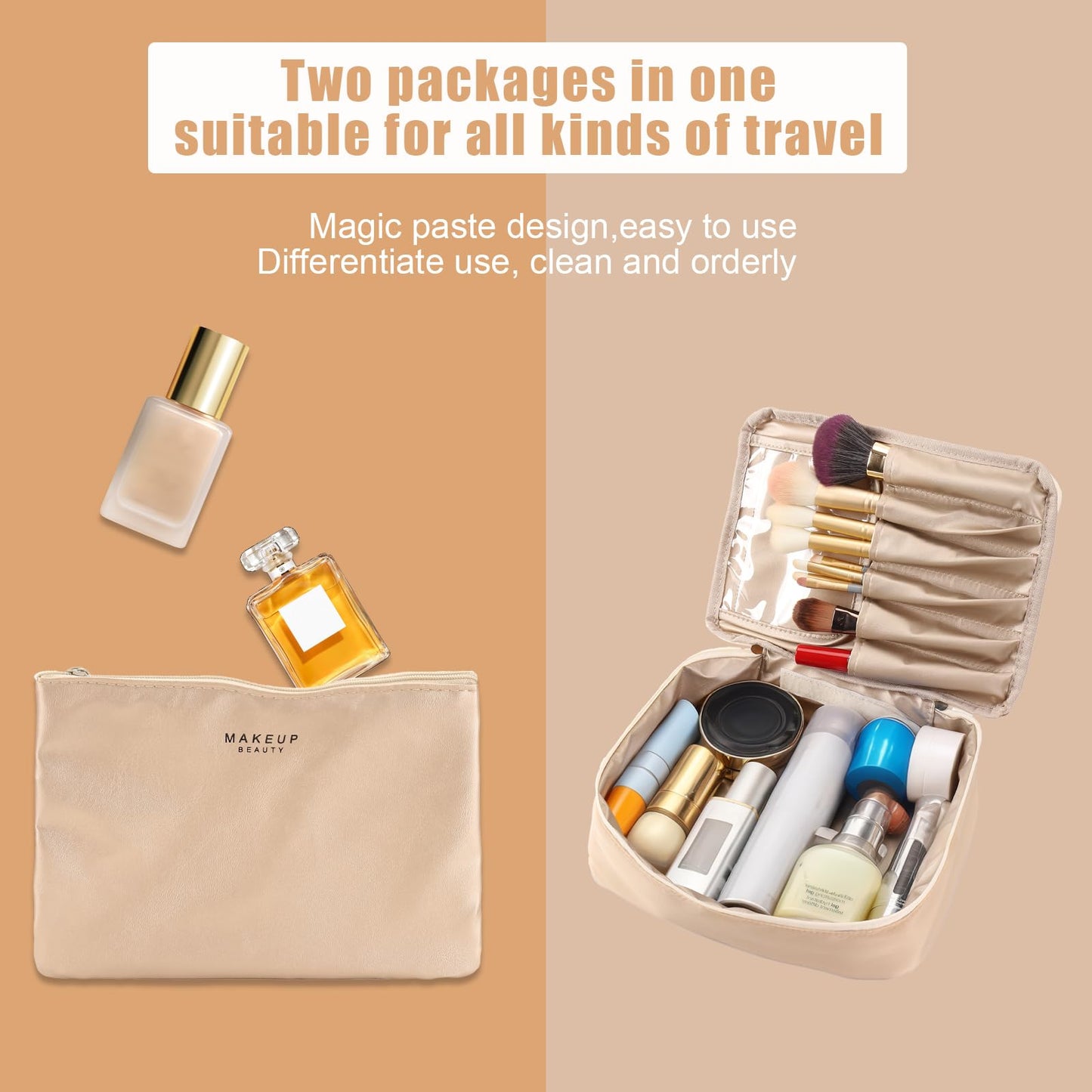 Queboom Travel Makeup Bag Cosmetic Bag Makeup Bag Toiletry bag for women and men (Beige)