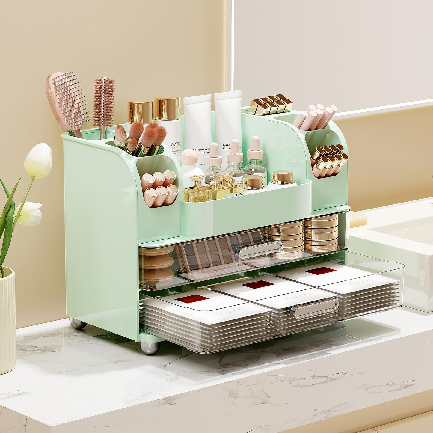 UFORU Makeup Organizer for Vanity with 2 Large Drawers, Cosmetic Display Case with Brush Holders, Easy to Storage for Bathroom Countertop Skincare, Perfume, Green