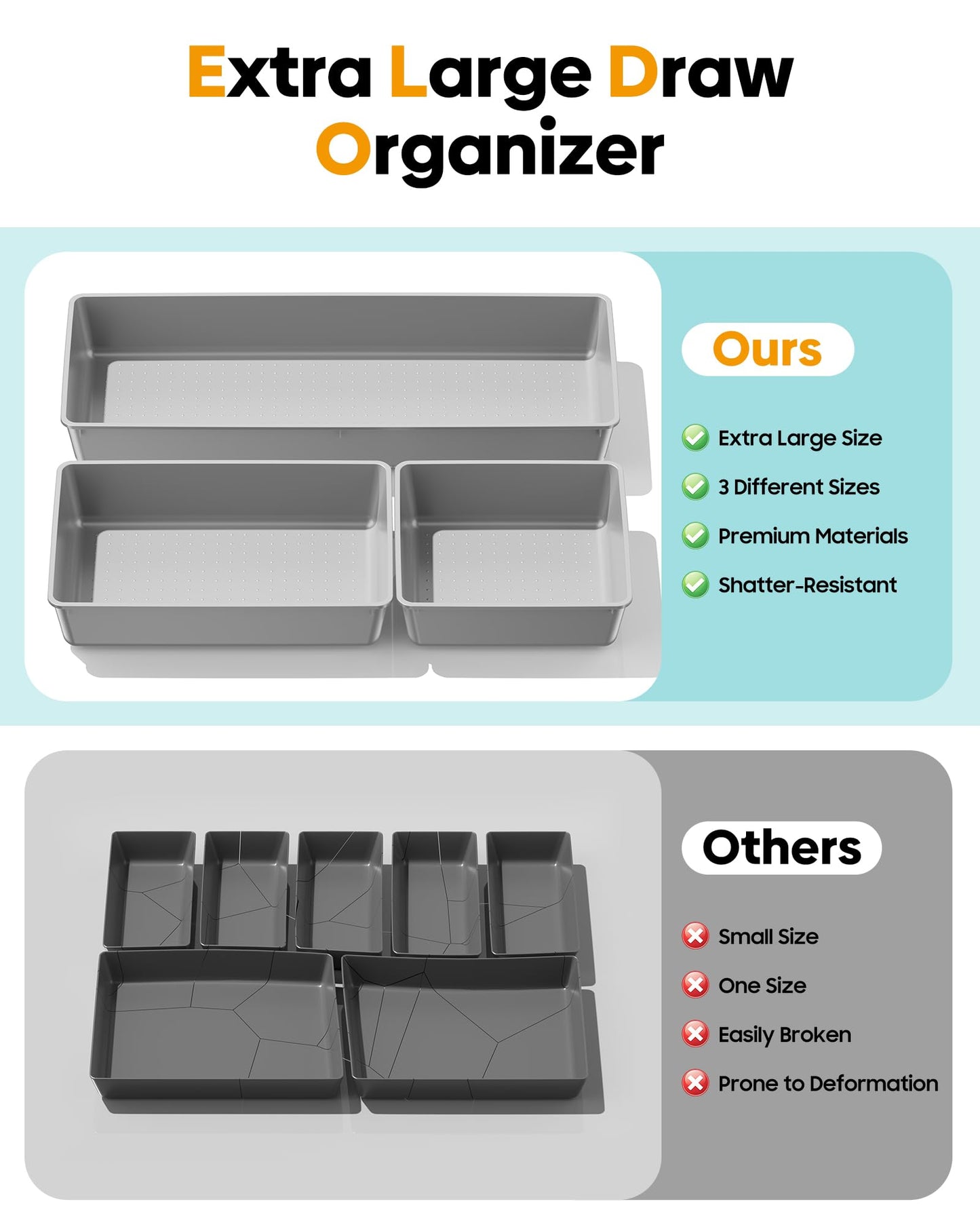 MLIKLU 10 Pack Large Size Plastic Drawer Organizers Set, 3 Sizes Desk Drawer Organizer Trays, Storage Bins for Vanity, Makeup, Bathroom, Kitchen Utensils and Office (Gray)