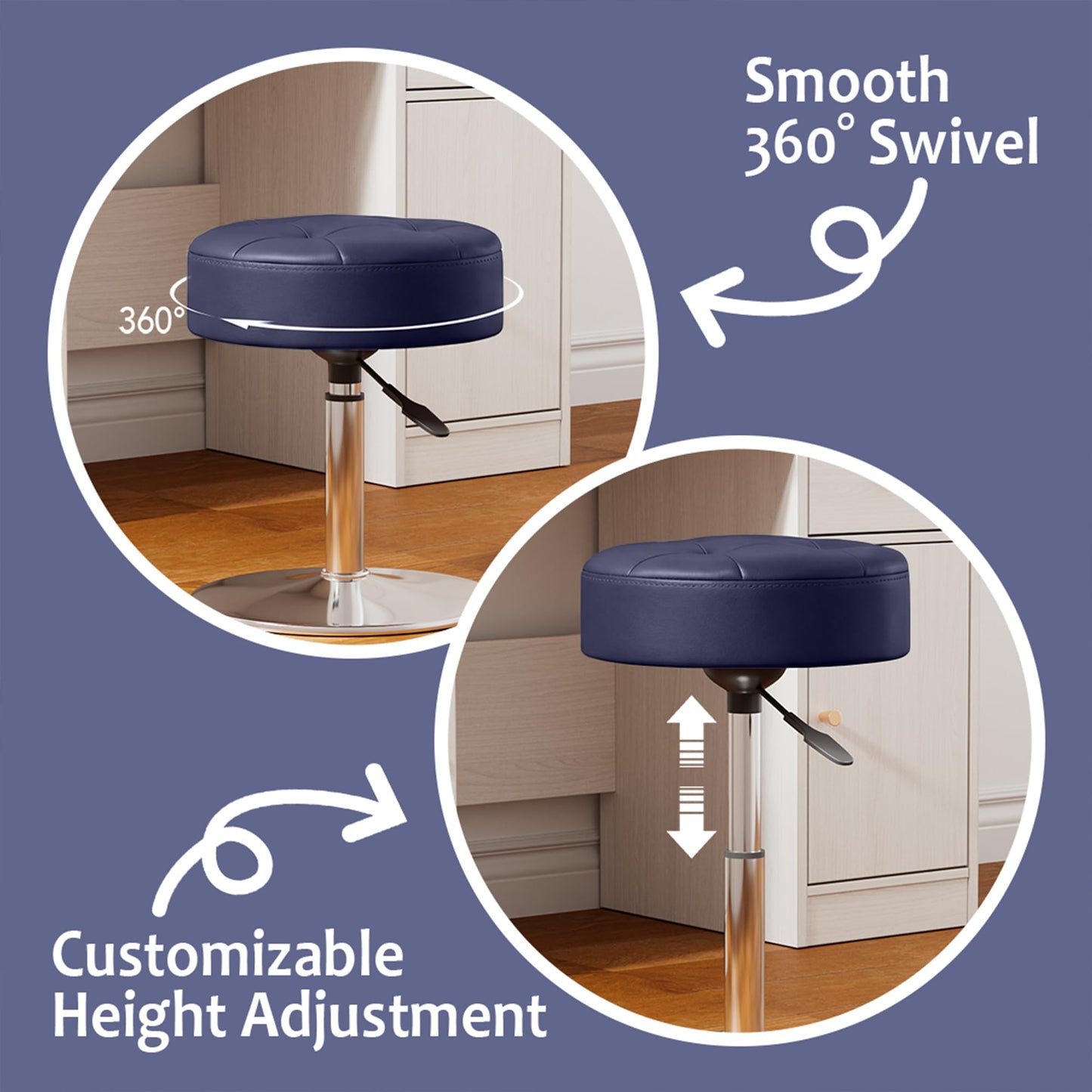 Youtanic Vanity Stool with Adjustable Height, 360°Swivel Ottoman Chair for Adults, Round Padded Makeup Stool with Stable Support for Vanity Bedroom, Bathroom, Dorm, Navy Blue