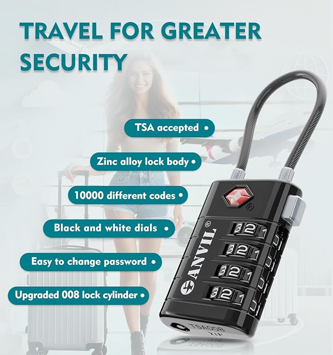 ANVIL 4 Digit Luggage Locks, TSA Locks for Luggage, Advanced TSA008 core, Alert Indicator for Your Travel Lock, Suitcase Lock. (3, Black)