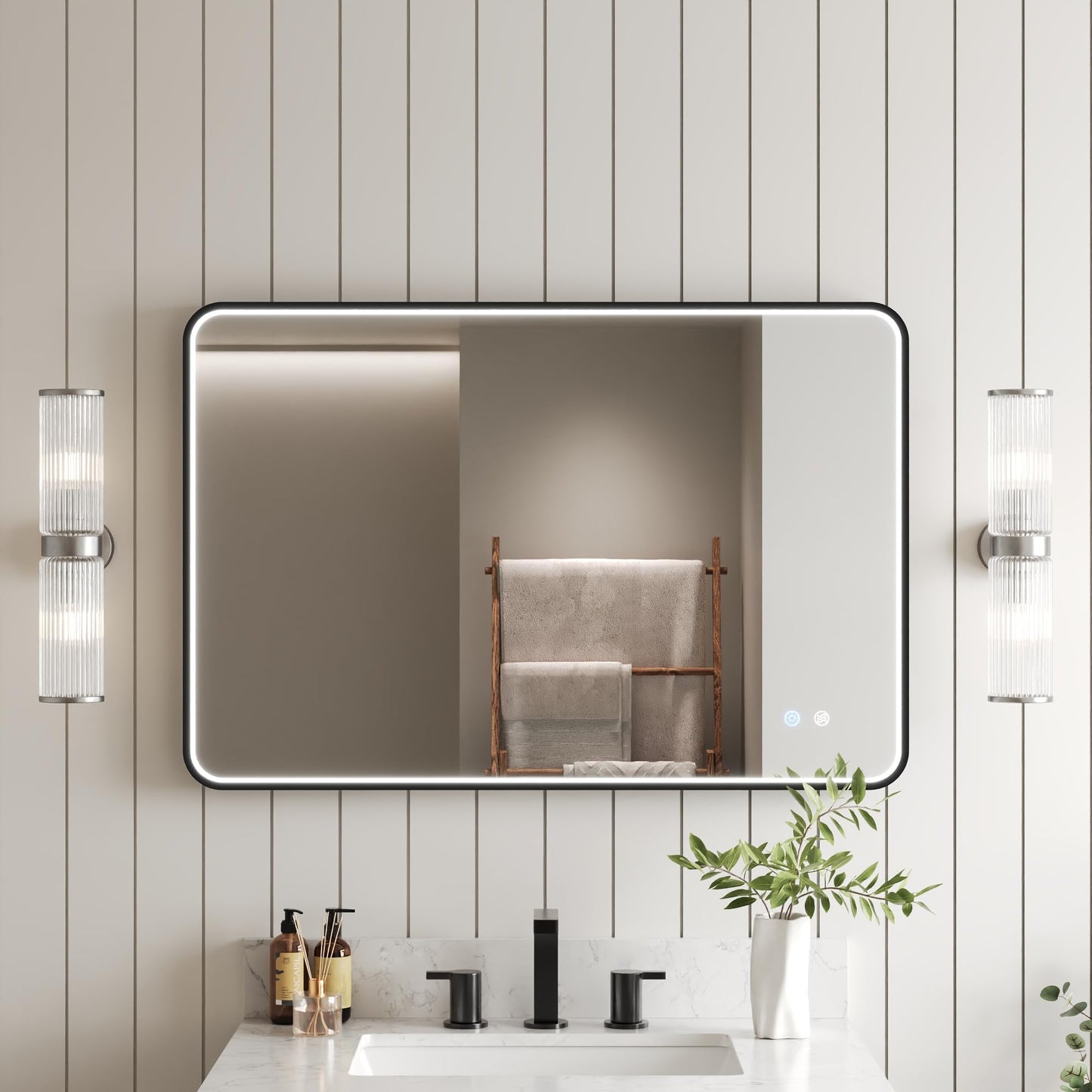 DeerValley 24"x 36" LED Bathroom Vanity Mirror, Wall Mounted Lighted Mirrors with Black Metal Frame, Anti-Fog, Memory Funtion, Stepless Dimmable Wall-Mounted Led Mirror for Bathroom