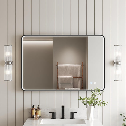 DeerValley 24"x 36" LED Bathroom Vanity Mirror, Wall Mounted Lighted Mirrors with Black Metal Frame, Anti-Fog, Memory Funtion, Stepless Dimmable Wall-Mounted Led Mirror for Bathroom