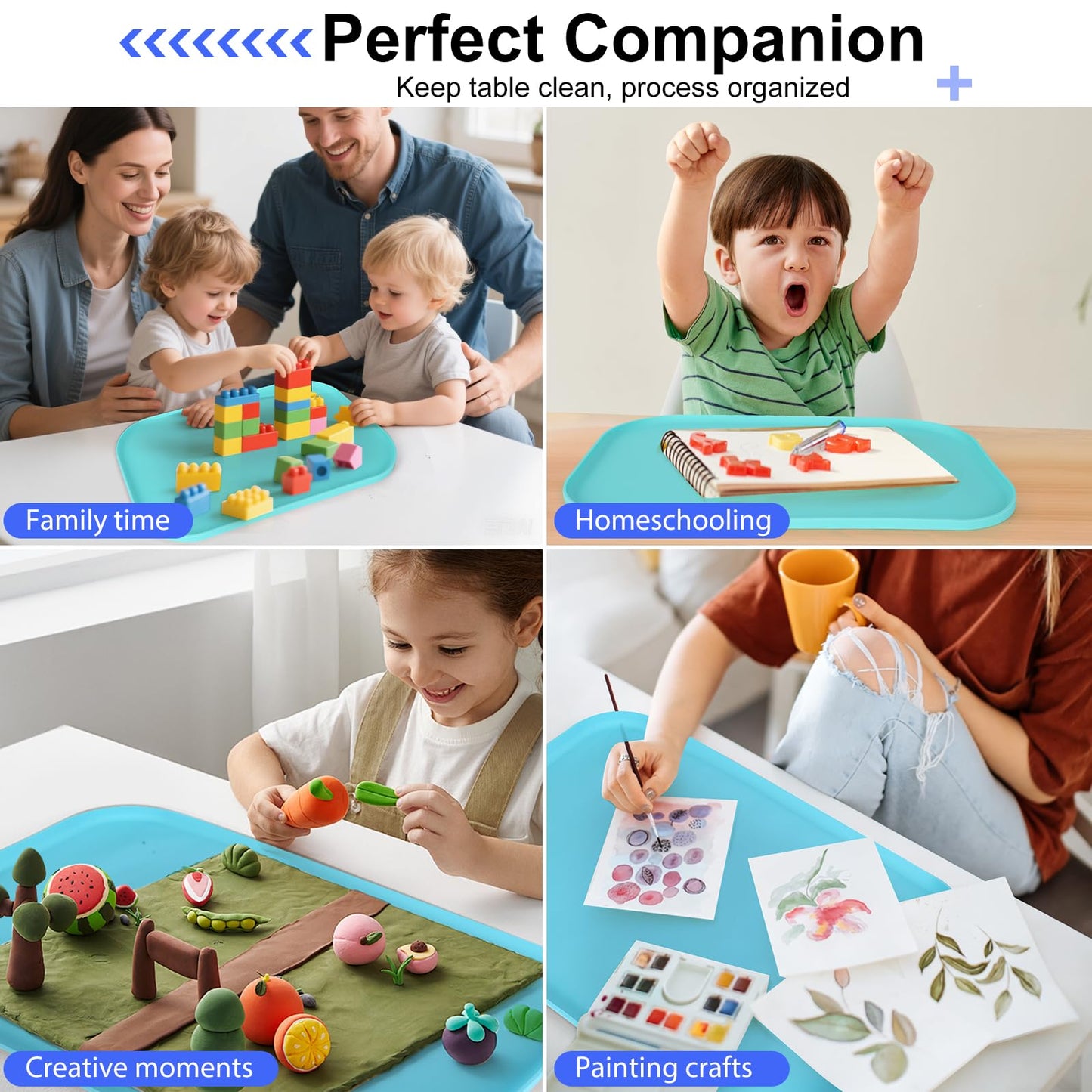 2 Pack Silicone Art Mats for Kids, 24 & 17 Inch Large Silicone Mat with Raised Lip, Rollable Washable Craft Mats for Playdough, Painting, Puzzles, Lego, Bead, Resin, Blue Mint
