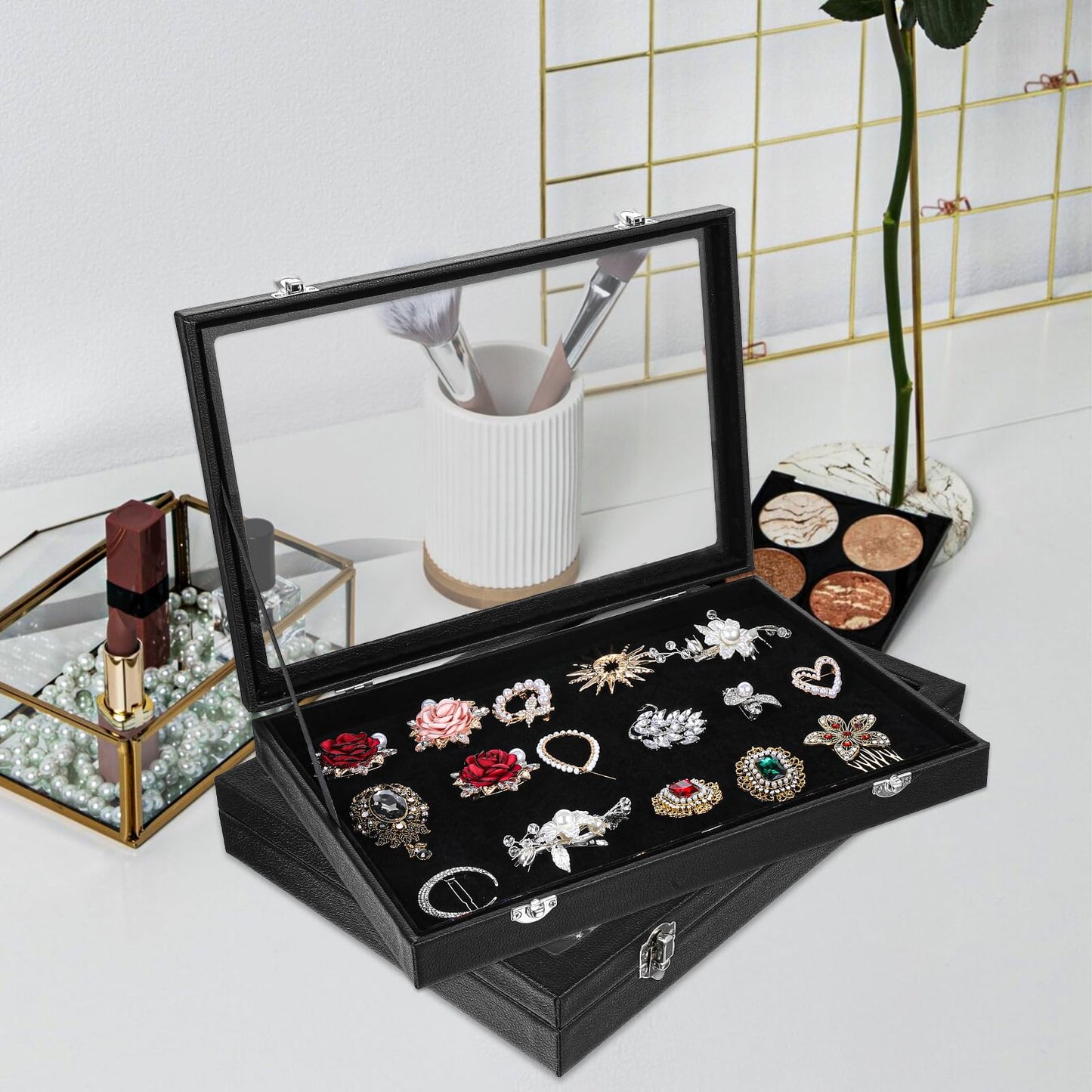 Leooomap 3 Pieces Jewelry Organizer Box, Black Velvet Blank Display Tray Case with Lid, 13.8 x 9.5 x 2 Inch Wooden Jewelry Display Case for Necklaces, Rings & Collectibles