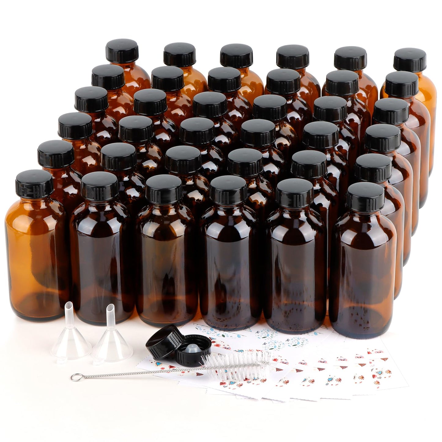 PINIWON 36 Pack 4 oz Amber Glass Bottles, 120ml Boston Round Sample Bottles with Black Poly Cone Caps, Labels, Funnels and Brush