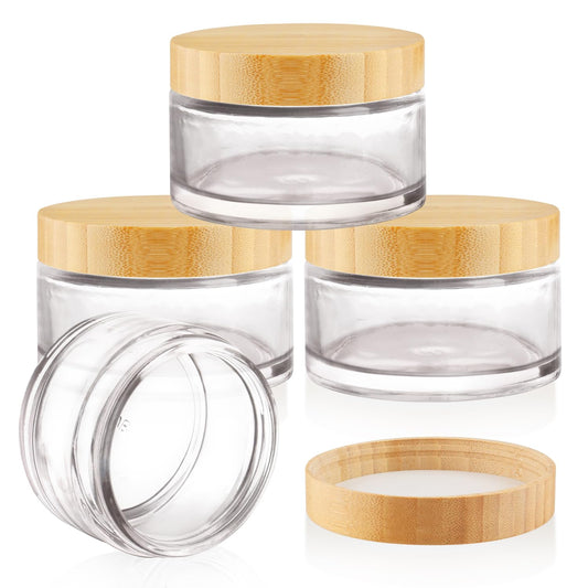 4 Pack 200ml/6.8 oz Glass Jars,Refillable Round Wide-mouth Jars Pot with Bamboo Lids,Empty Cosmetic Storage Containers for Lotion,Spice,Powder,Body Butter,Moisturiser,Cream,Candle Making (Clear)