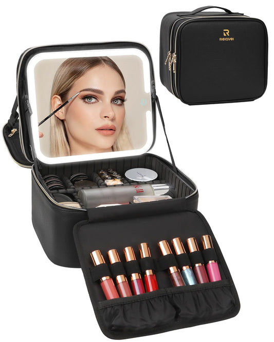 Chomeiu Makeup Bag with LED Mirror, 2 Layer Travel Makeup Case for Women and Makeup Artists Cosmetic Organizer Large Make Up Bags, 3 Color Lights, Adjustable Dividers and Brush Holder