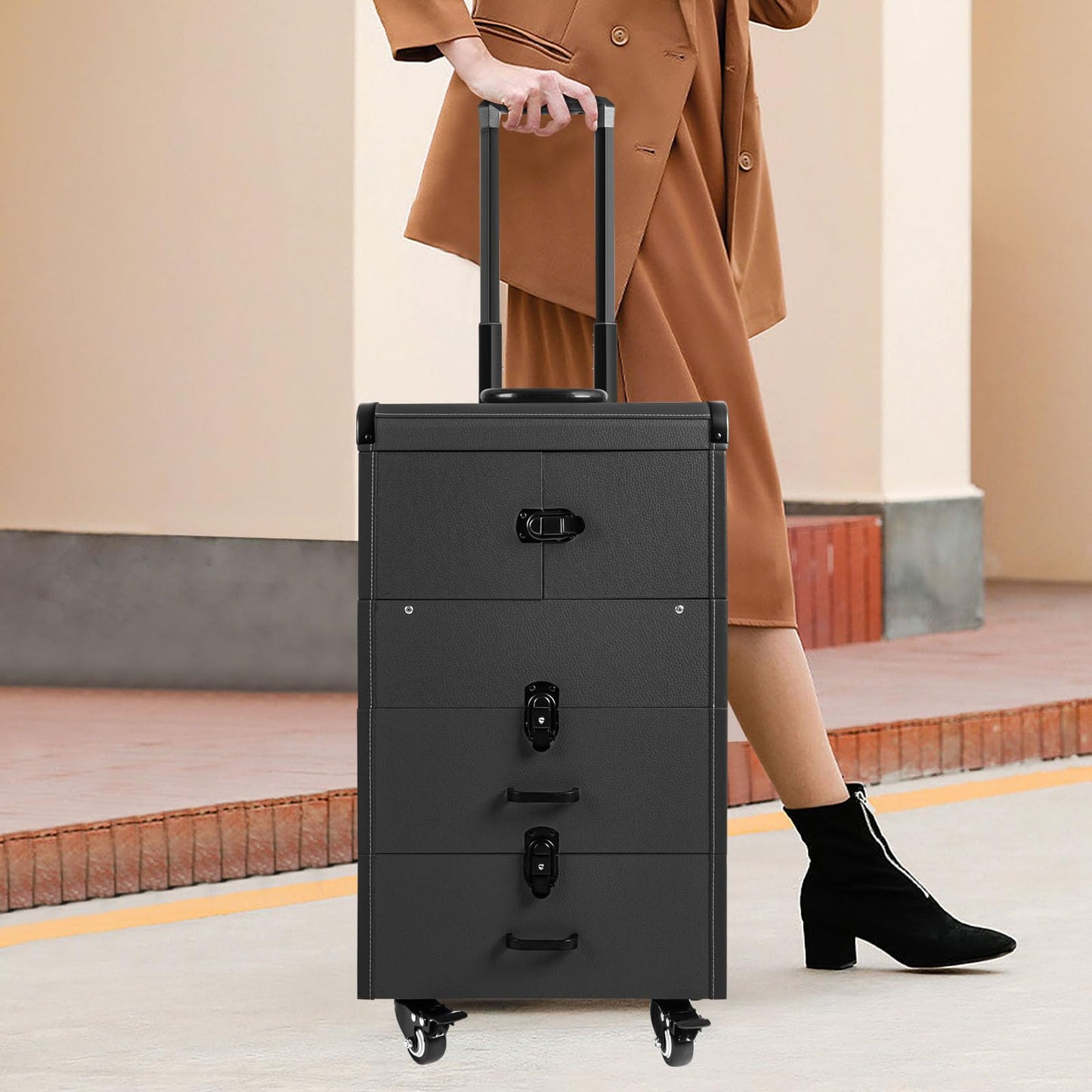 Lockable Rolling Makeup Train Case, 14.57*9.45*25.98in 3 In 1 Rolling Makeup Case Portable Cosmetic Organizer Trolley Large Make Up Cosmetic Orgainzer with Locks for Makeup Artists Hairdressers