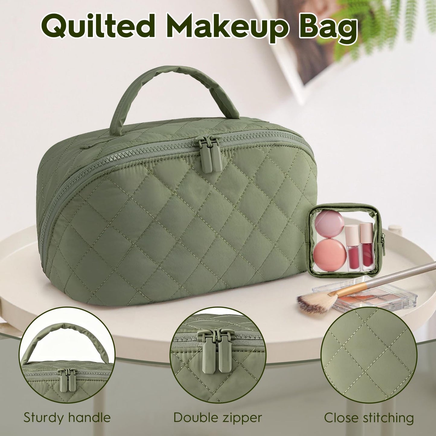 Kezzfpa Makeup Bag, Quilted Makeup Bag, Cosmetic Organizer Bag, Travel Makeup Bag, Waterproof Pouch Toiletry Bag for Women Makeup Organizer Case (Green)