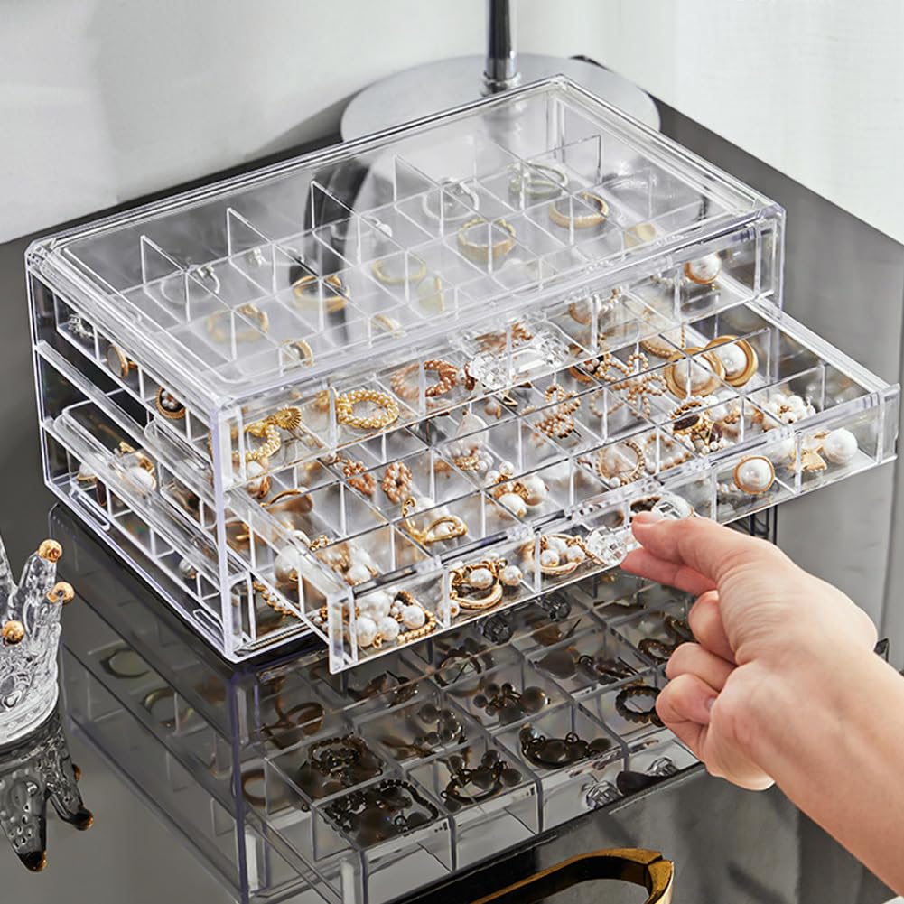 LOARNIEA Earring Organizer Box Acrylic Stackable Jewelry Organizer with 3 Drawers 72 Small Compartments Clear Jewelry Display Stand for Stud Earring Ring Pin Display (Transparent)