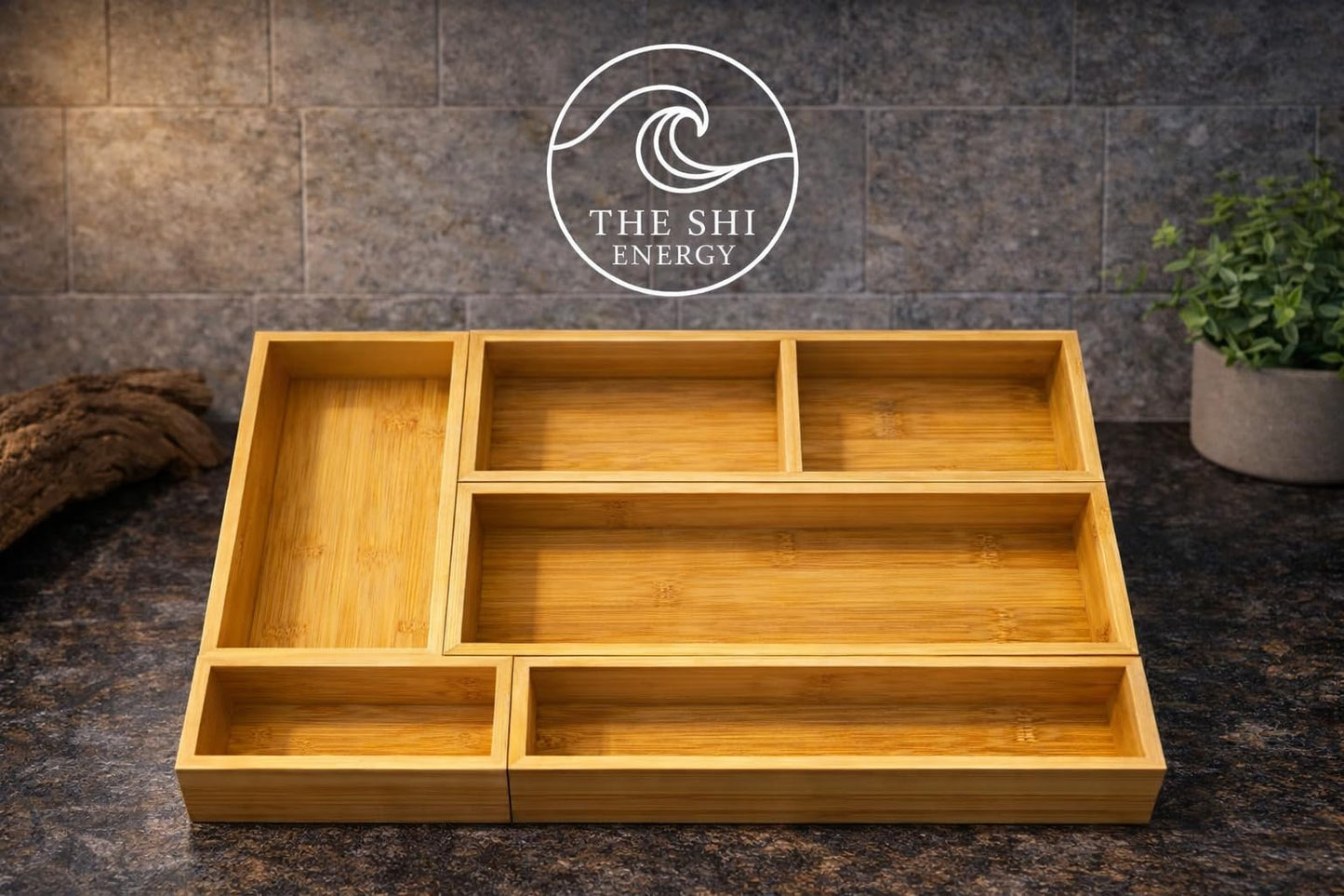 THE SHI ENERGY 5-Piece Bamboo Drawer Organizer Set – Versatile Storage Trays for Kitchen, Bathroom, Office, Makeup, Jewelry & More – Drawer Dividers, Utensil Organizer & Storage Bin Set (5 Pieces)