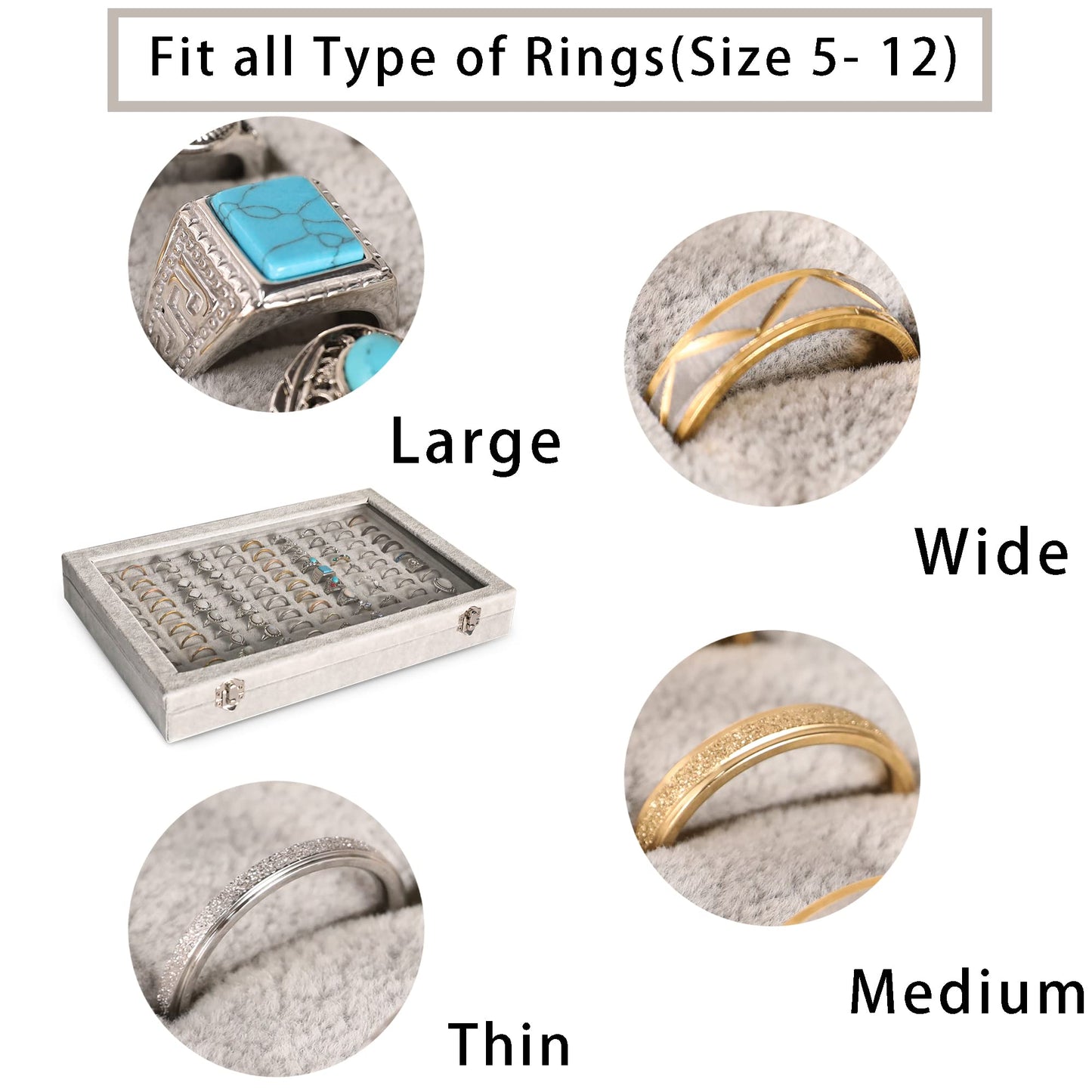 Frebeauty Ring Organizer Tray 100 Slots Ring Holder with Clear Lid Velvet Storage Box Jewelry Tray for Jewelry Store Earring Display Case for Jewelry Show Studs Box for Women(Grey)