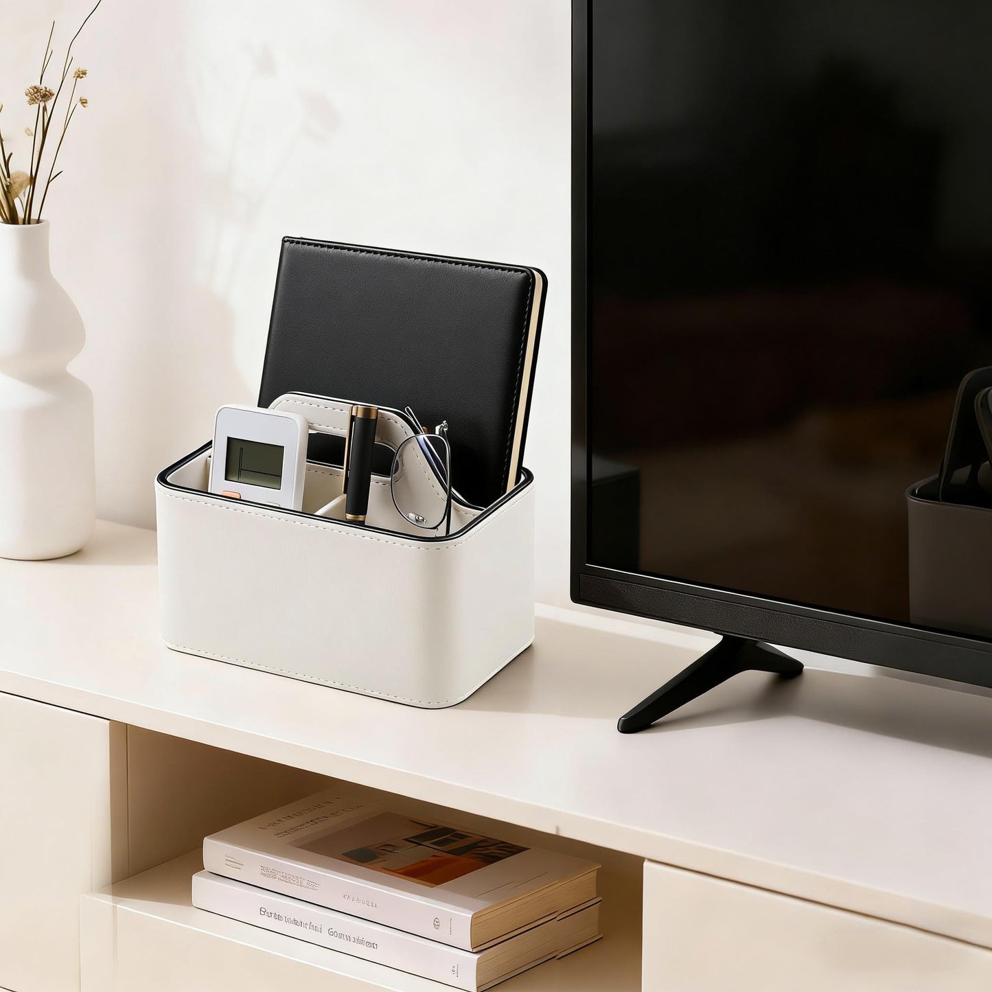 NICLNGSH Caddy Organizer with Handle, PU Leather Remote Control Holder Desk Caddy, Portable Makeup Remote Organizer for Table, Nightstand, Office (Cream)