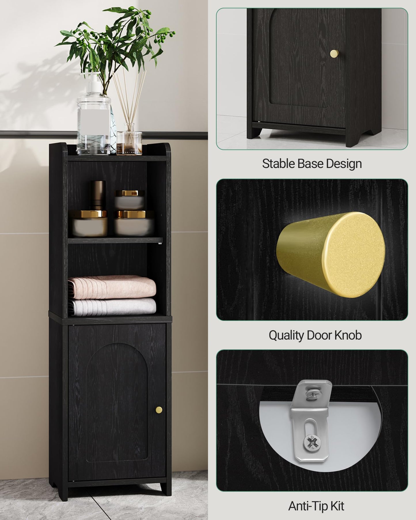 Hzuaneri Bathroom Storage Cabinet, Corner Floor Cabinet with Doors and Adjustable Shelf, Narrow Toilet Paper Cabinets, Bathroom Organizer for Small Spaces, Black BC39704X