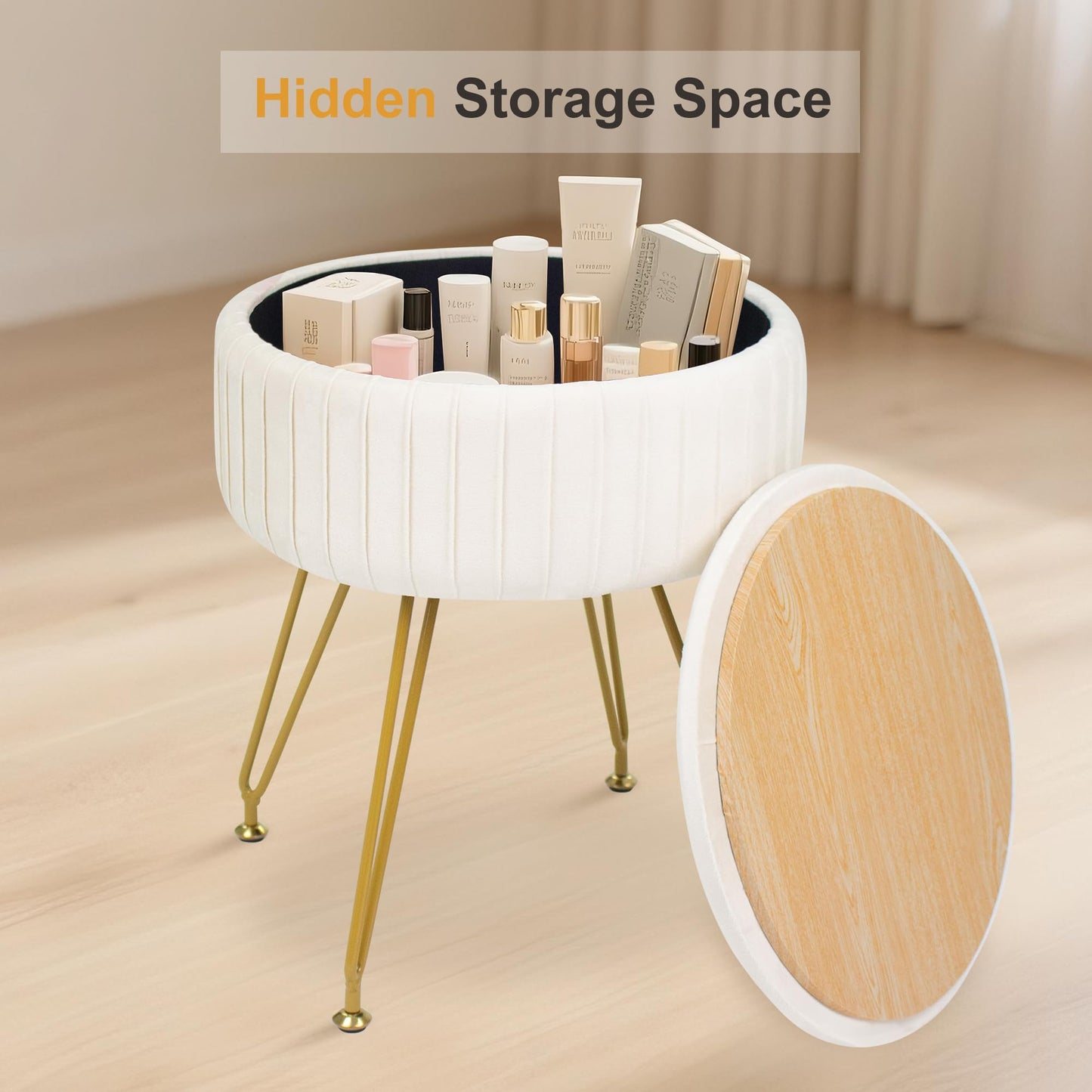 xupersodys Round Vanity Stool with Storage Ottoman,Vanity Chair for Makeup Room with Removable Cover, Small Footrest Ottoman for Home, Living Room, Bedroom (Beige)