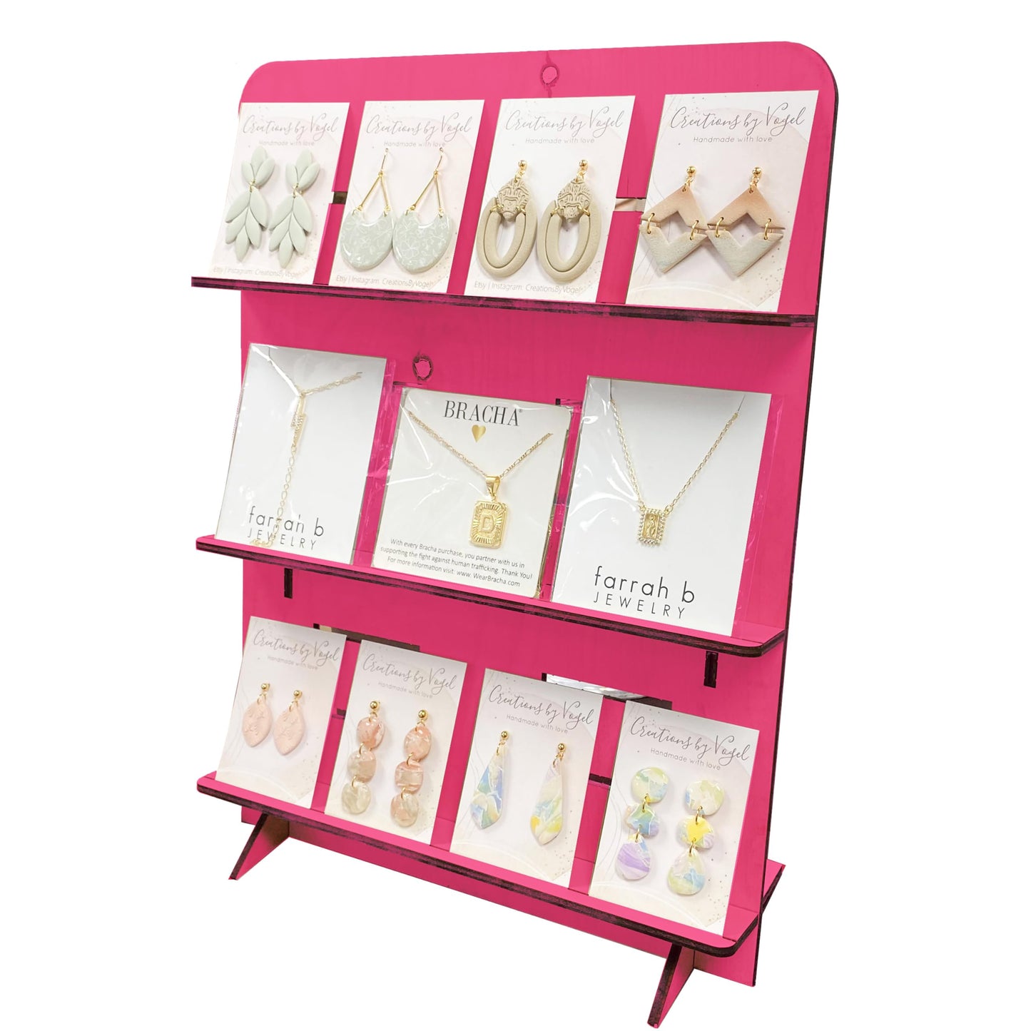 TORCHED DISPLAYS Jewelry Holder Necklace Organizer | Earring Display Stands for Selling | 3-Tiered Wooden Jewelry Holder Stand for Shops, Boutiques, Festivals | Display Rack Wood Stand | Pink