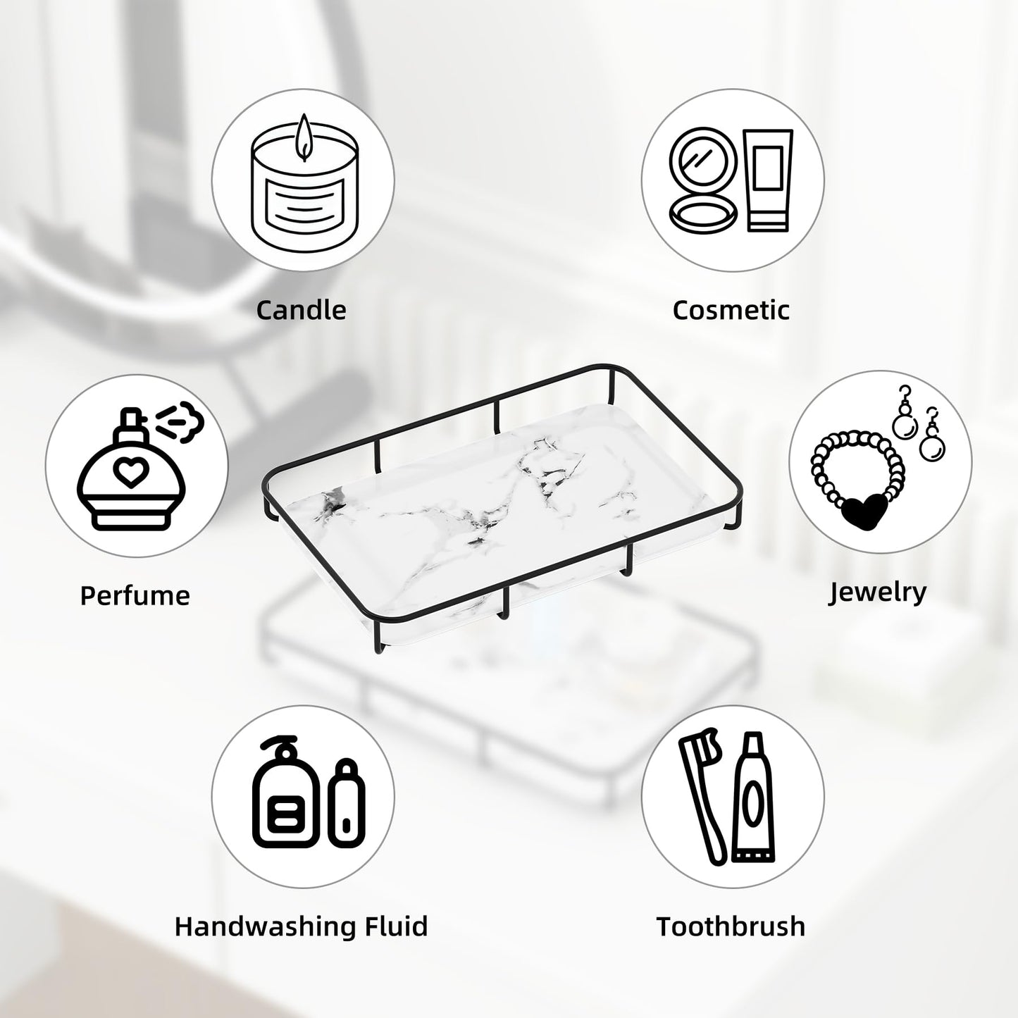 Dobbyby Vanity Tray Makeup Organizer Cosmetics Storage Bathroom Skincare Organizer Countertop Display Rack in Dresser Stainless Steel Shelf Marble Print Ceramic Trays