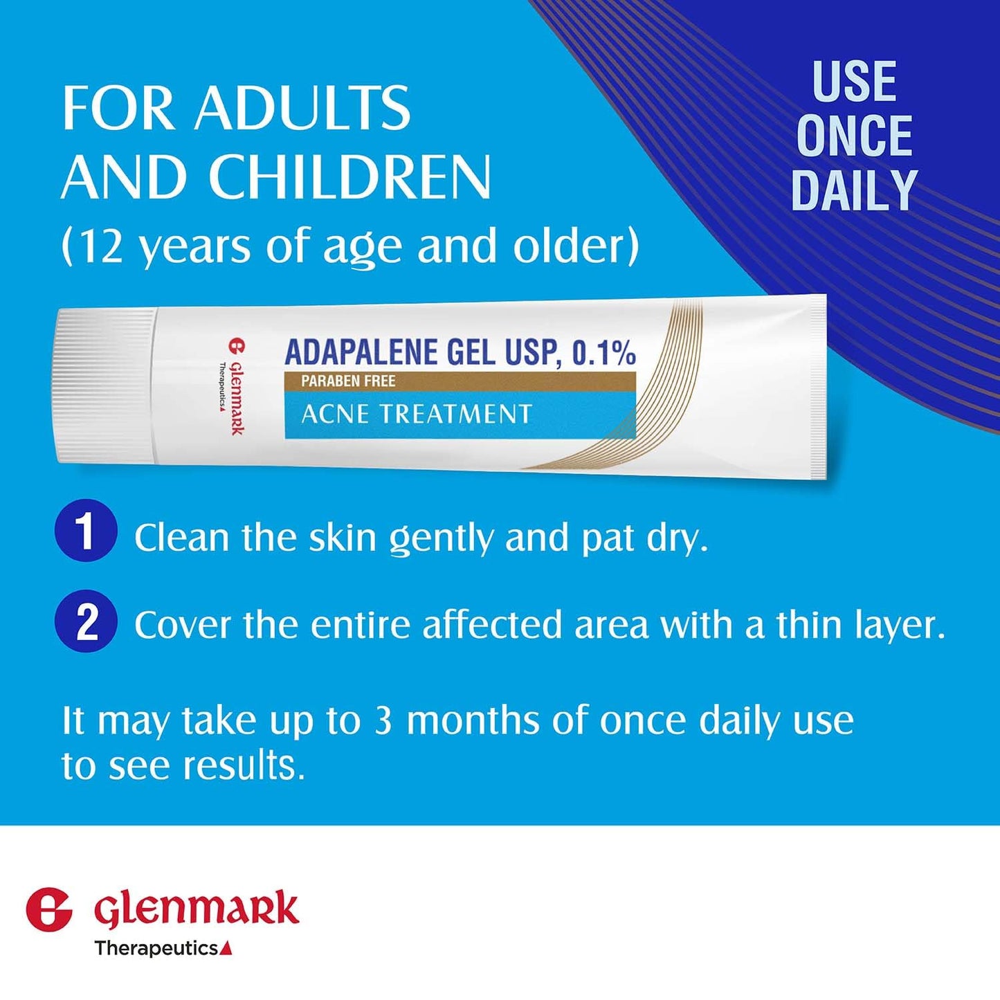 Glenmark Therapeutics Adapalene Gel 0.1% Acne Treatment, Paraben Free Topical Retinoid Cream for Face, Helps Clear and Prevent Acne and Clogged Pores, 45g Tube