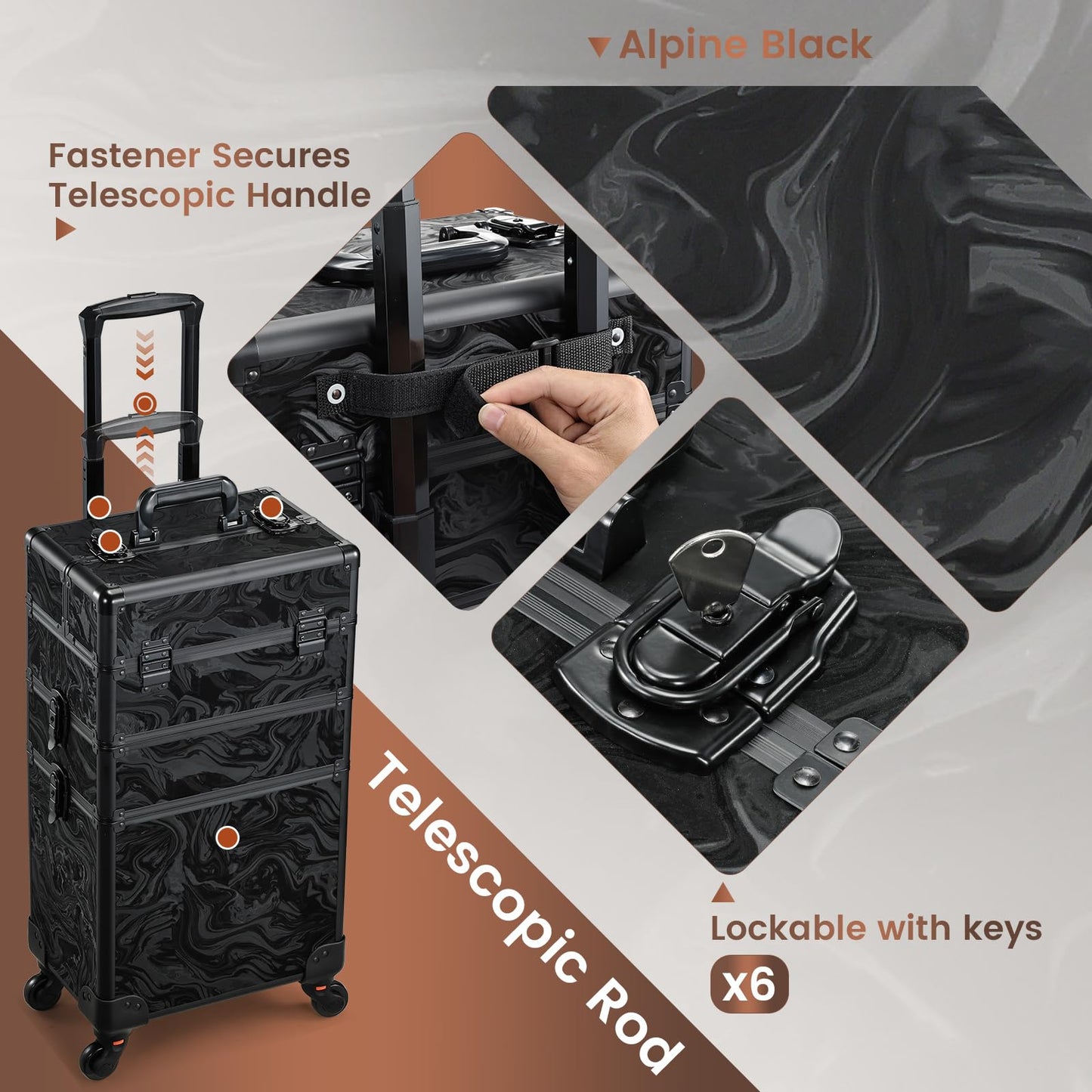 FRENESSA 3 in 1 Rolling Makeup Case Cosmetology Case on Wheels Alpine Black