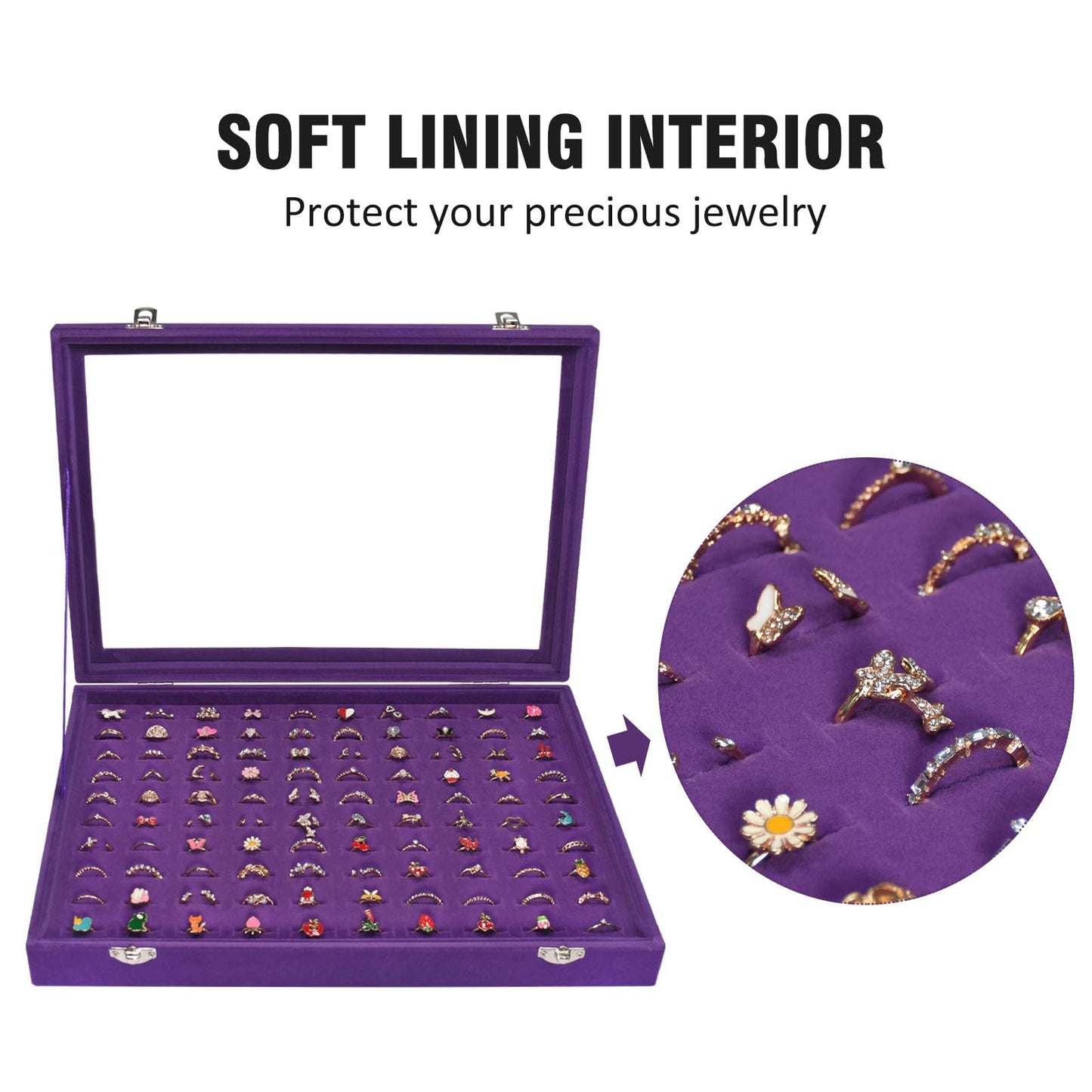 Vicoter Rings Organizer Tray 100 Slot Velvet Ring Earring Storage Box TranSparent Cover Jewelry Store Ring Display Box Jewelry Display Cabinet for Girl Wife Mother