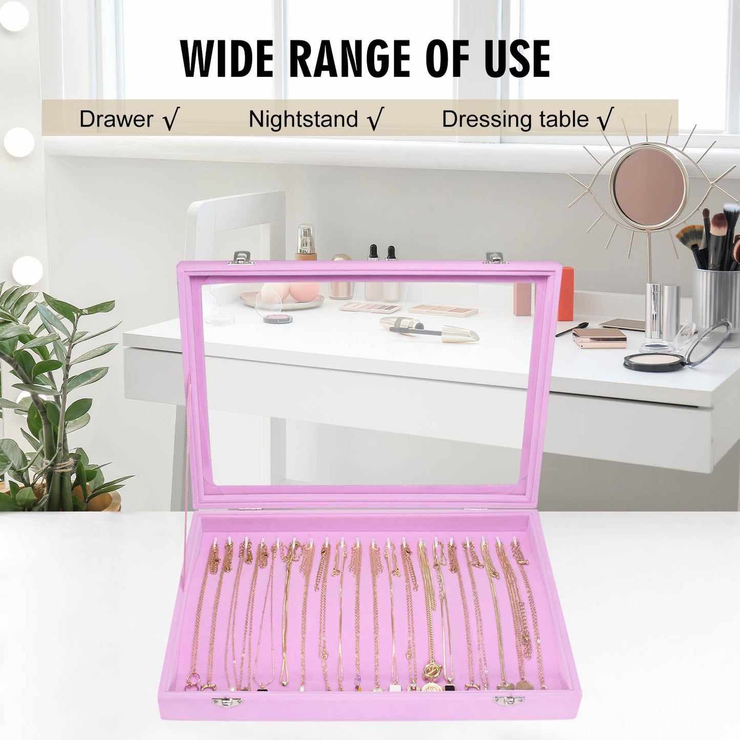 Siveit Necklace Organizer Box Premium 20 Hooks Velvet Necklace Display Jewelry Tray with Transparent Lid Jewelry Necklace Display Box for Necklace Pendants Suitable for Women and Girls (Pink)