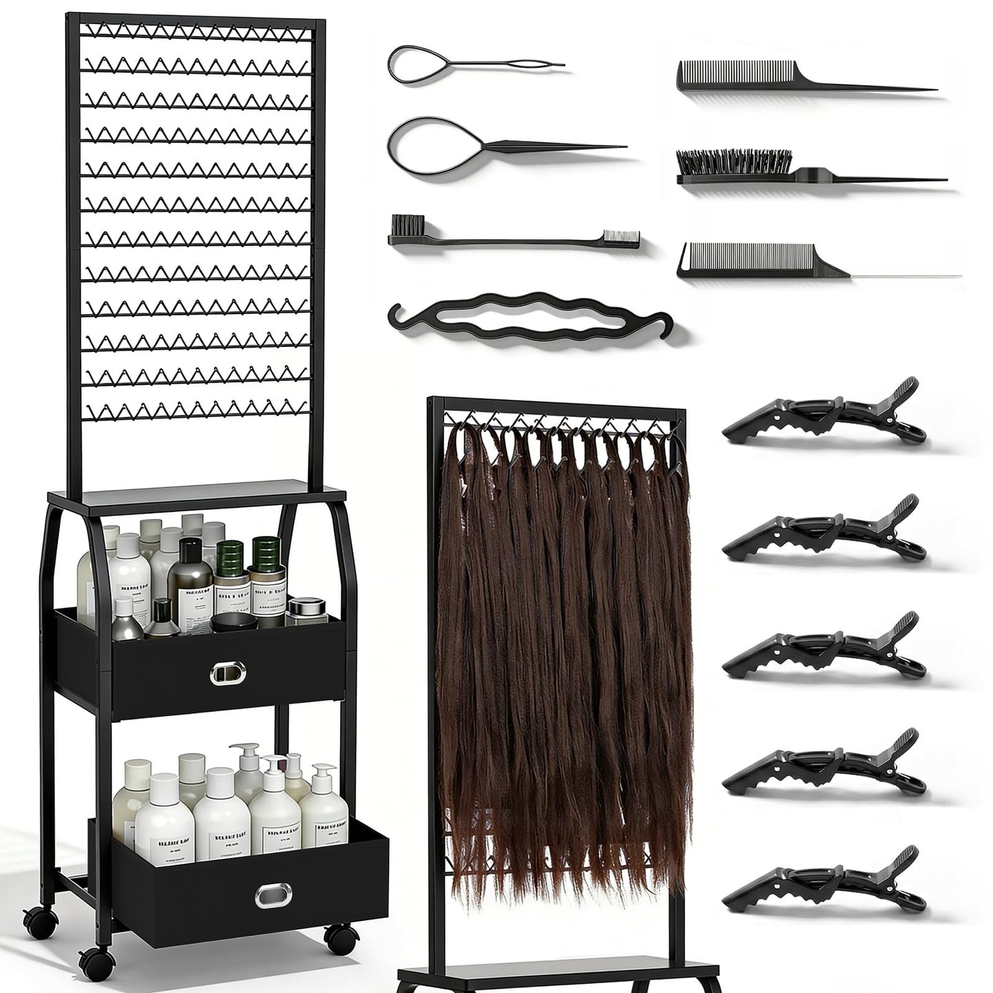 Portable Braiding Hair Rack with Wheels & Storage Drawers,2-Sided 288 Pegs,Hair Extension Holder Hanger for Braiding Hair Separator Stand Display,Hair Rack with Stylist Hair braiding Tools (Black)