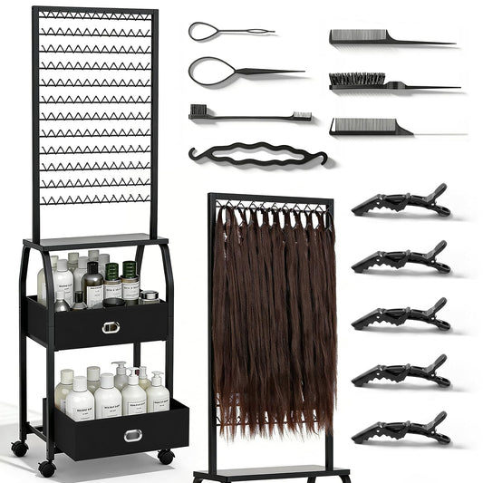 Portable Braiding Hair Rack with Wheels & Storage Drawers,2-Sided 288 Pegs,Hair Extension Holder Hanger for Braiding Hair Separator Stand Display,Hair Rack with Stylist Hair braiding Tools (Black)