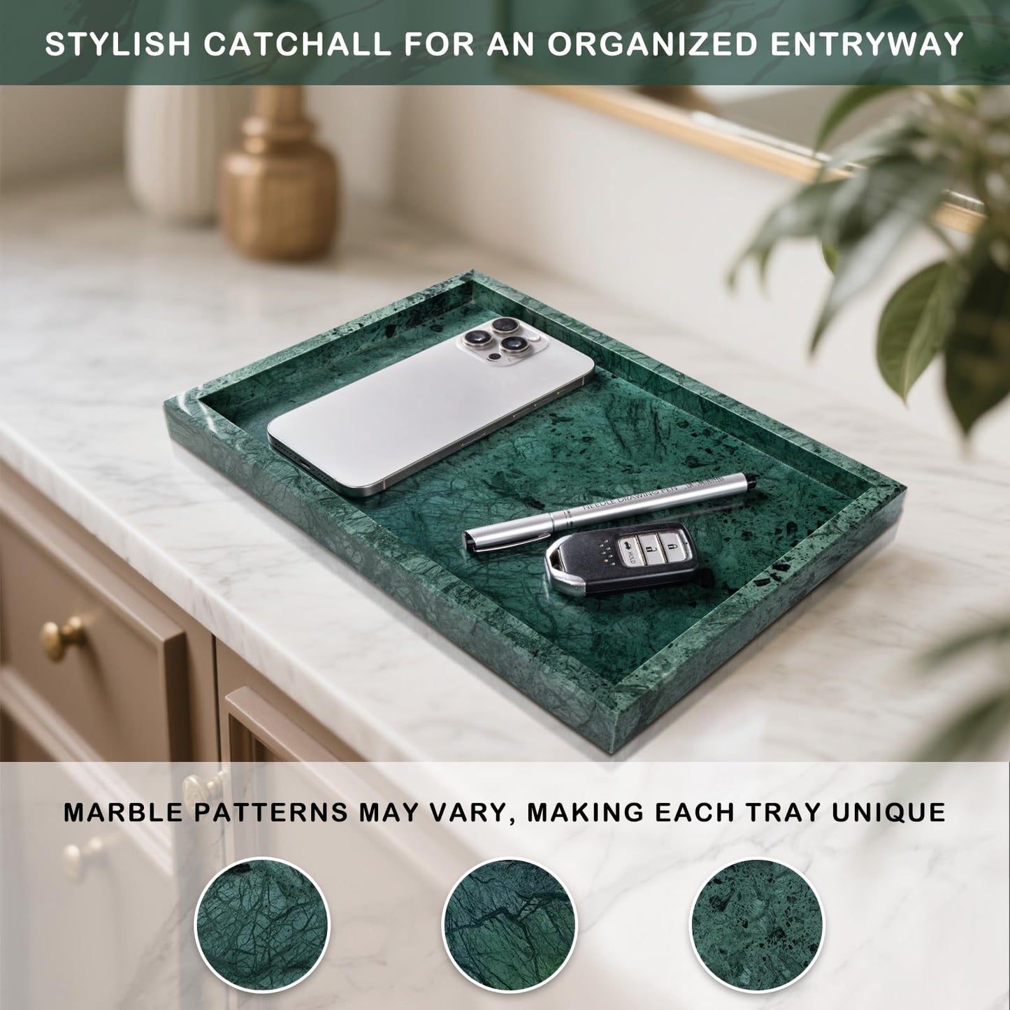 Homaura Marble Bathroom Tray for Countertop & Home Decor, Natural Decorative Marble Tray for Jewelry & Perfume Organizer, Luxury Stone Vanity Trays for Dresser, Kitchen Counter, 12" x 8", Green