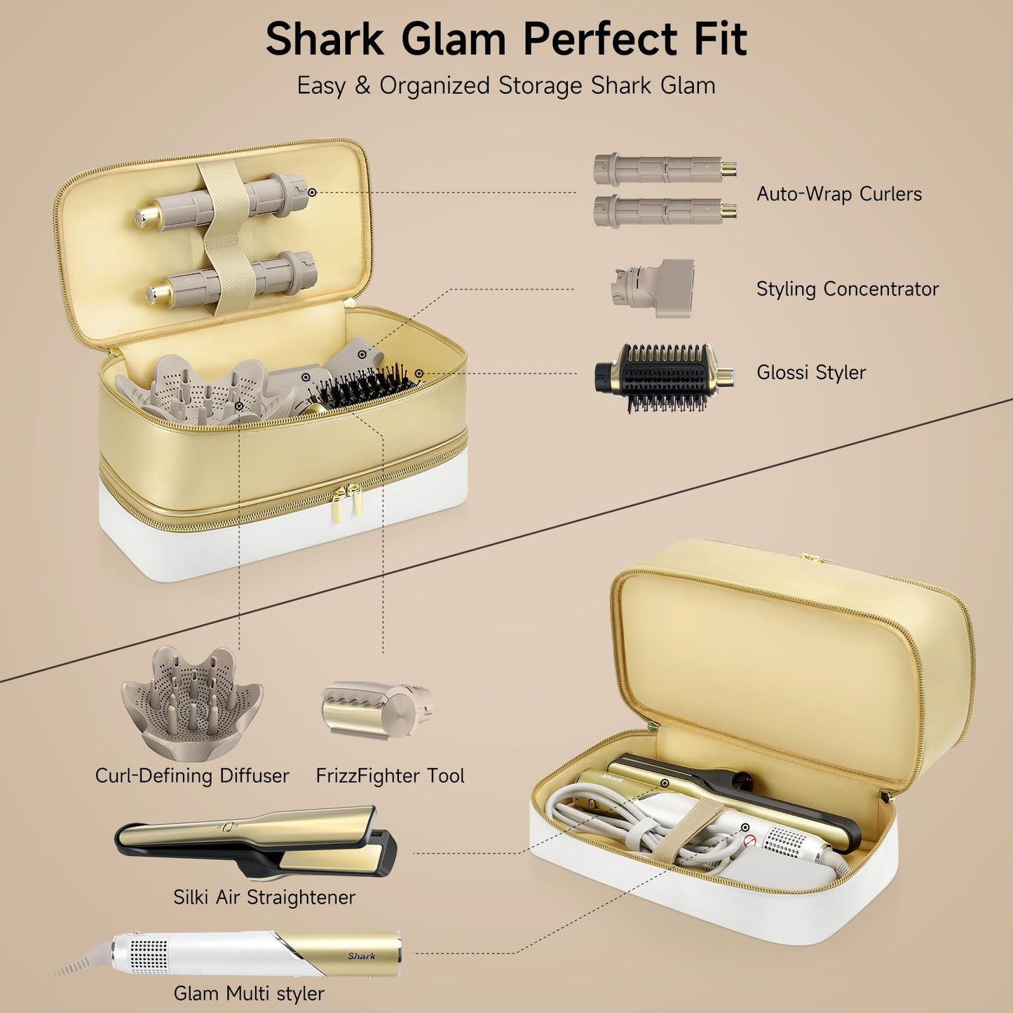 Travel Hair Dryer Case for Shark Glam, Portable Hair Tools Bag for Shark FlexFusion, Double-Layer Storage Carrying Case for Shark FlexStyle Blow Dryer, Silki Straightener & Glossi Attachments Holder
