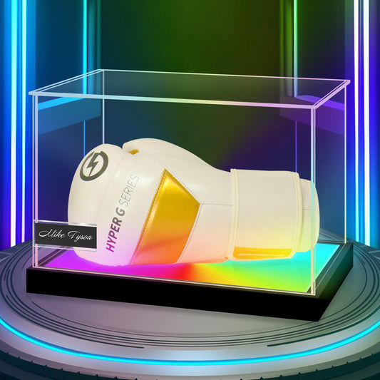 LANSCOERY Acrylic Boxing Glove Display Case with Color Changing LED Light, DustProof Display Box with Name Plate, Clear Full Size Memorabilia Box for Autographed Boxing Glove