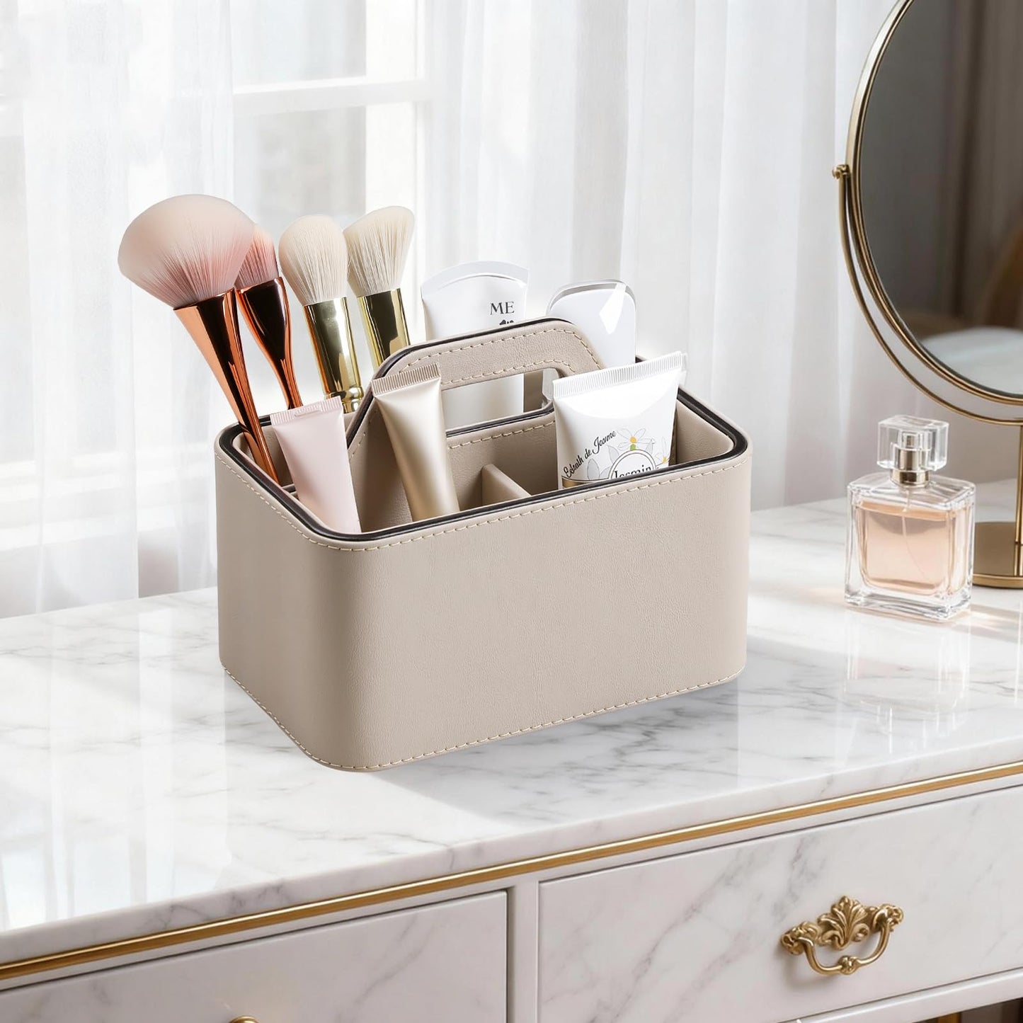 NICLNGSH Caddy Organizer with Handle, PU Leather Remote Control Holder Desk Caddy, Portable Makeup Remote Organizer for Table, Nightstand, Office (Beige)