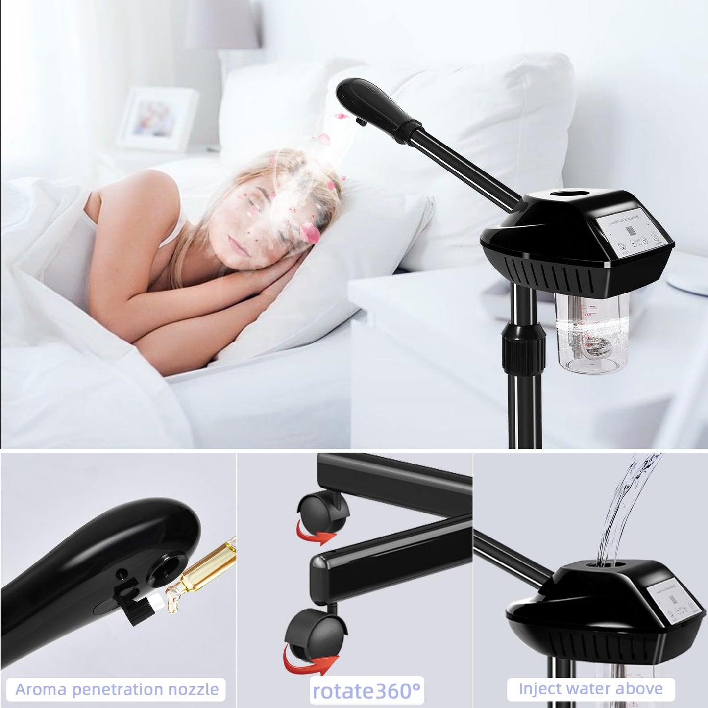 Professional Facial Steamer with More Steam for Deep Cleansing and Hydration, Face Steamer on Wheels with Time Setting, Estheticians Steamer Adjustable Height for Beauty, Spa and Home Use（Black）