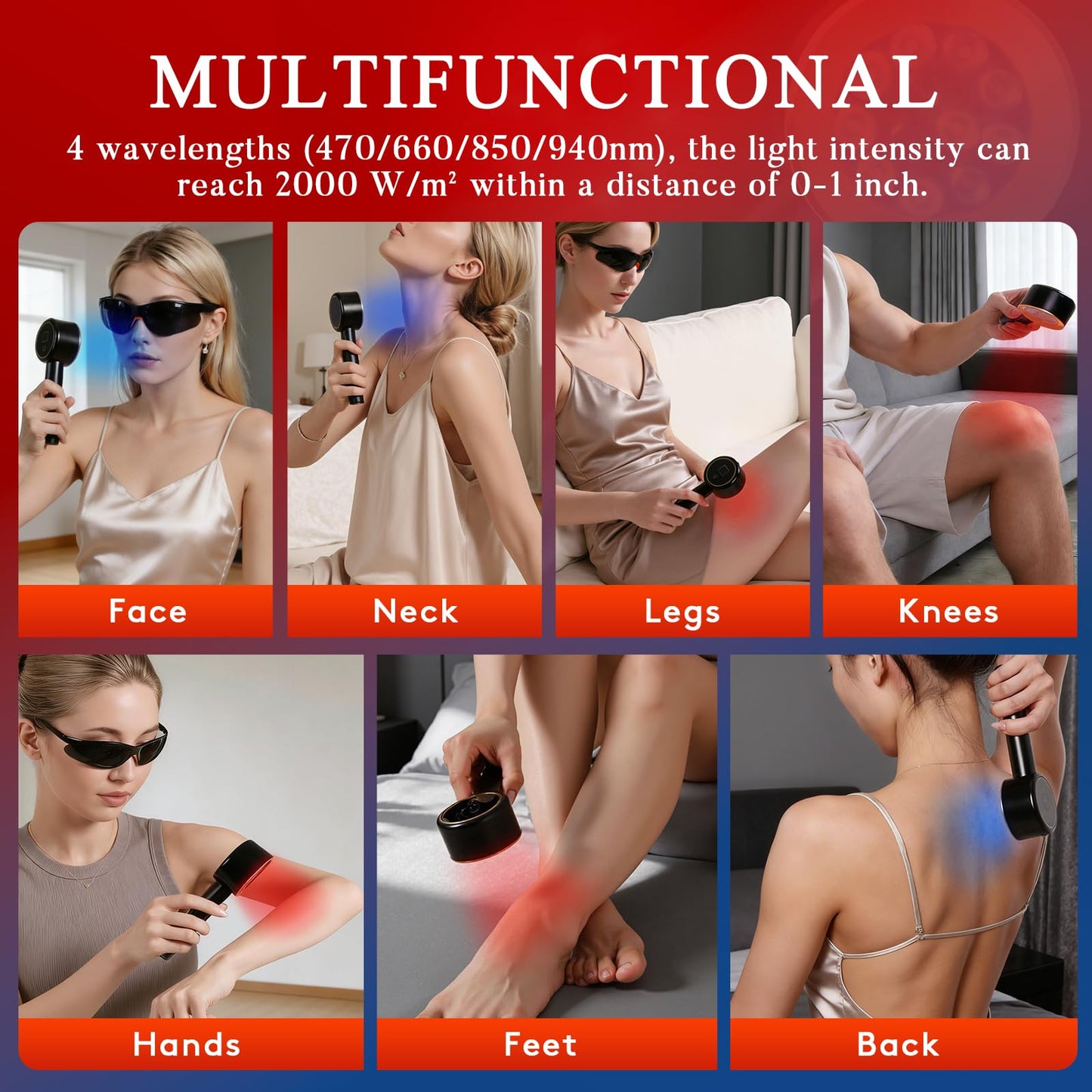 UTK Handheld Blue & Red Light Therapy Device with 4 Wavelengths (470/660/850/940nm), Near Infrared Red Light Deeply Pain-Relief, Red Light Therapy for Body & Face, Portable Gift for Women