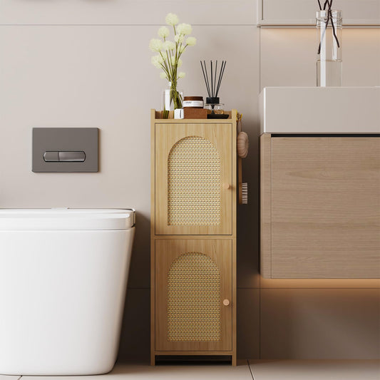 Arbuxzuy Rattan Bathroom Storage Cabinet,Corner Floor Cabinet with 2 Doors and Adjustable Shelf, Narrow Toilet Paper Cabinets with 2Hooks,Toilet Organizer for Small Spaces,7.87"D*9.84"W*29.72"H Oak